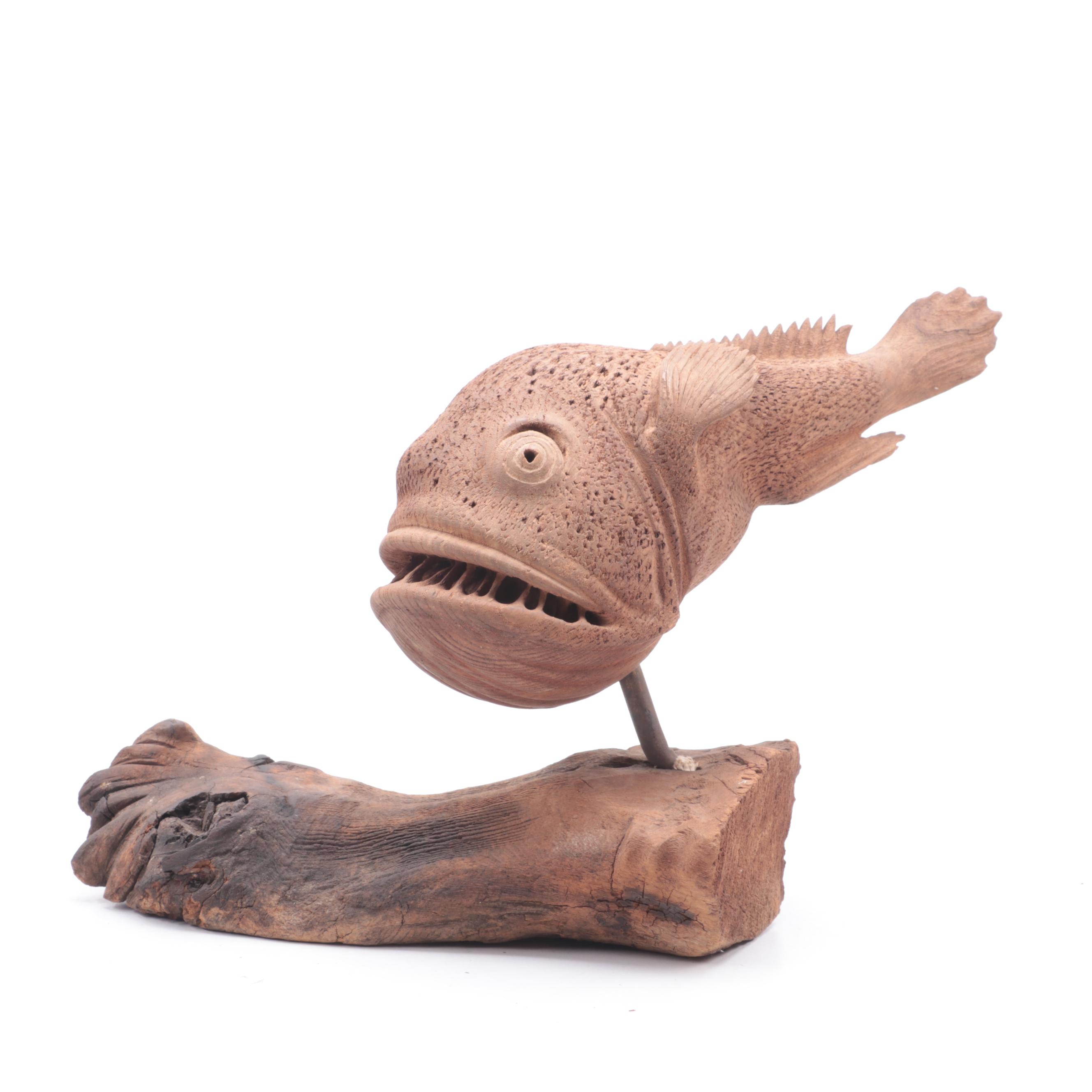 Wood Piranha Sculpture
