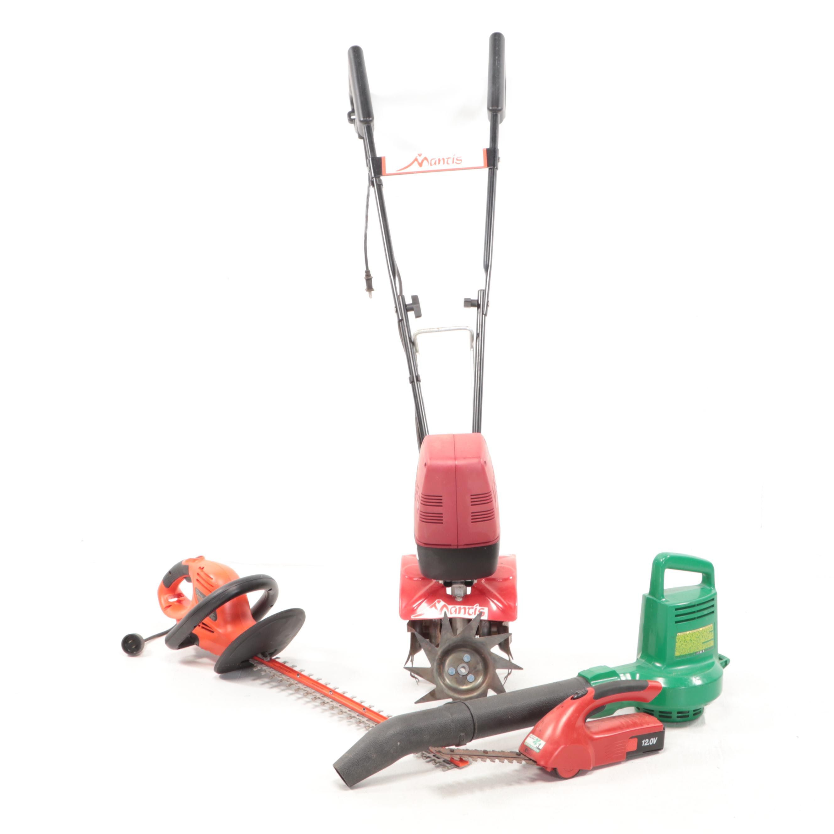 Mantis Yard Tiller, Black+Decker Hedge Hog and Other Trimmer, Weed Eater Blower
