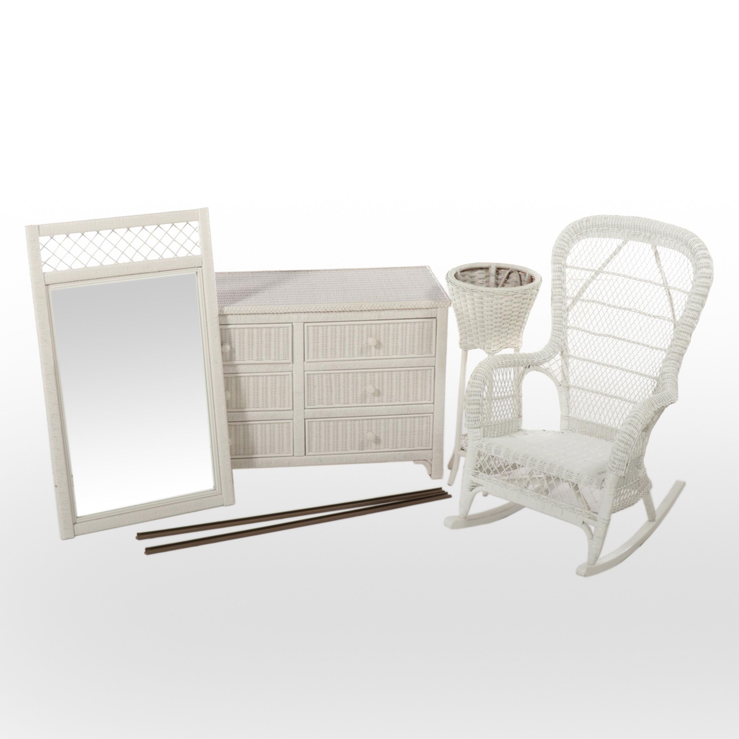 Henry Link White Painted Wicker Rattan Dresser, Rocking Chair, and Plant Stand