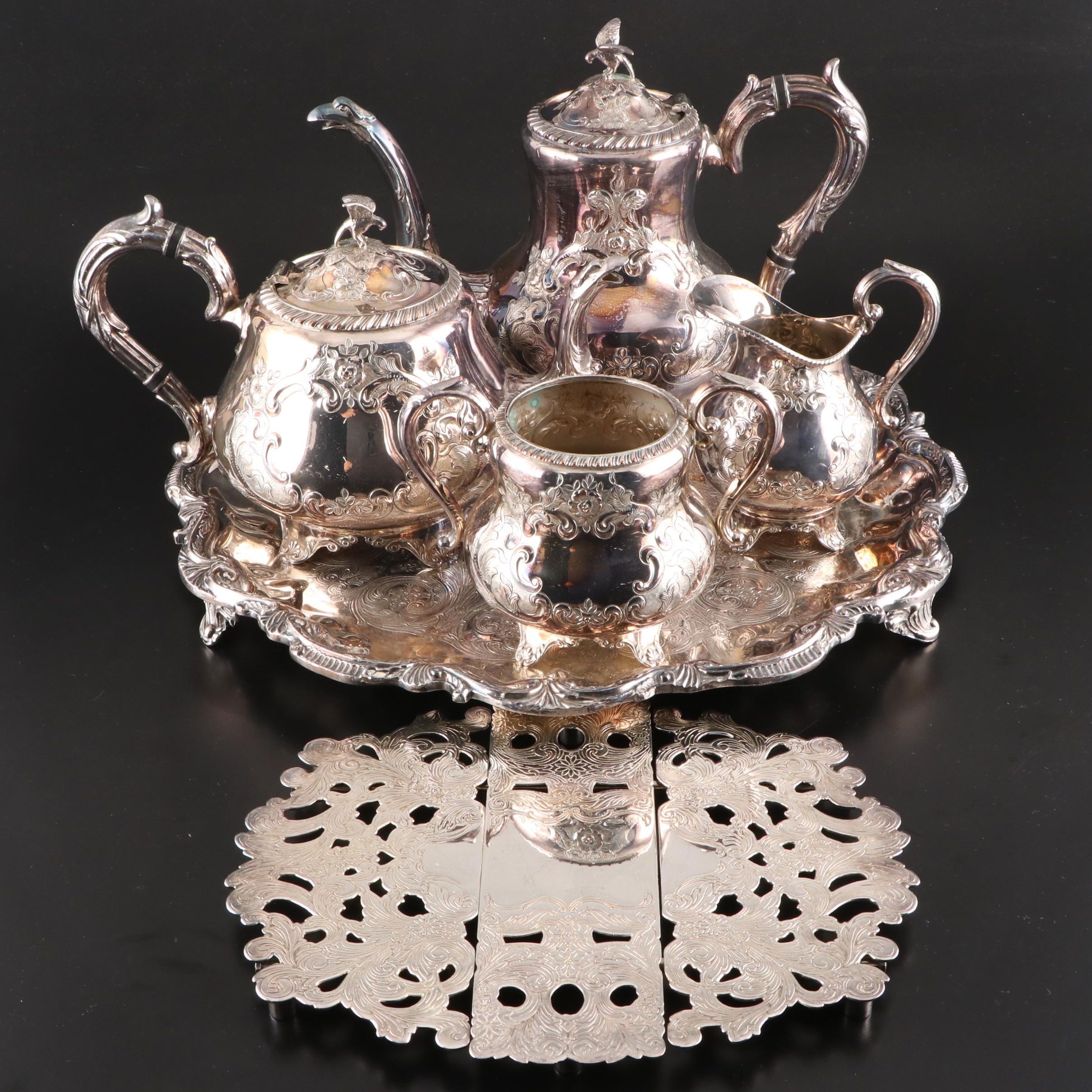 Hand-Chased Sheffield Reproduction Silver Plate Tea and Coffee Service