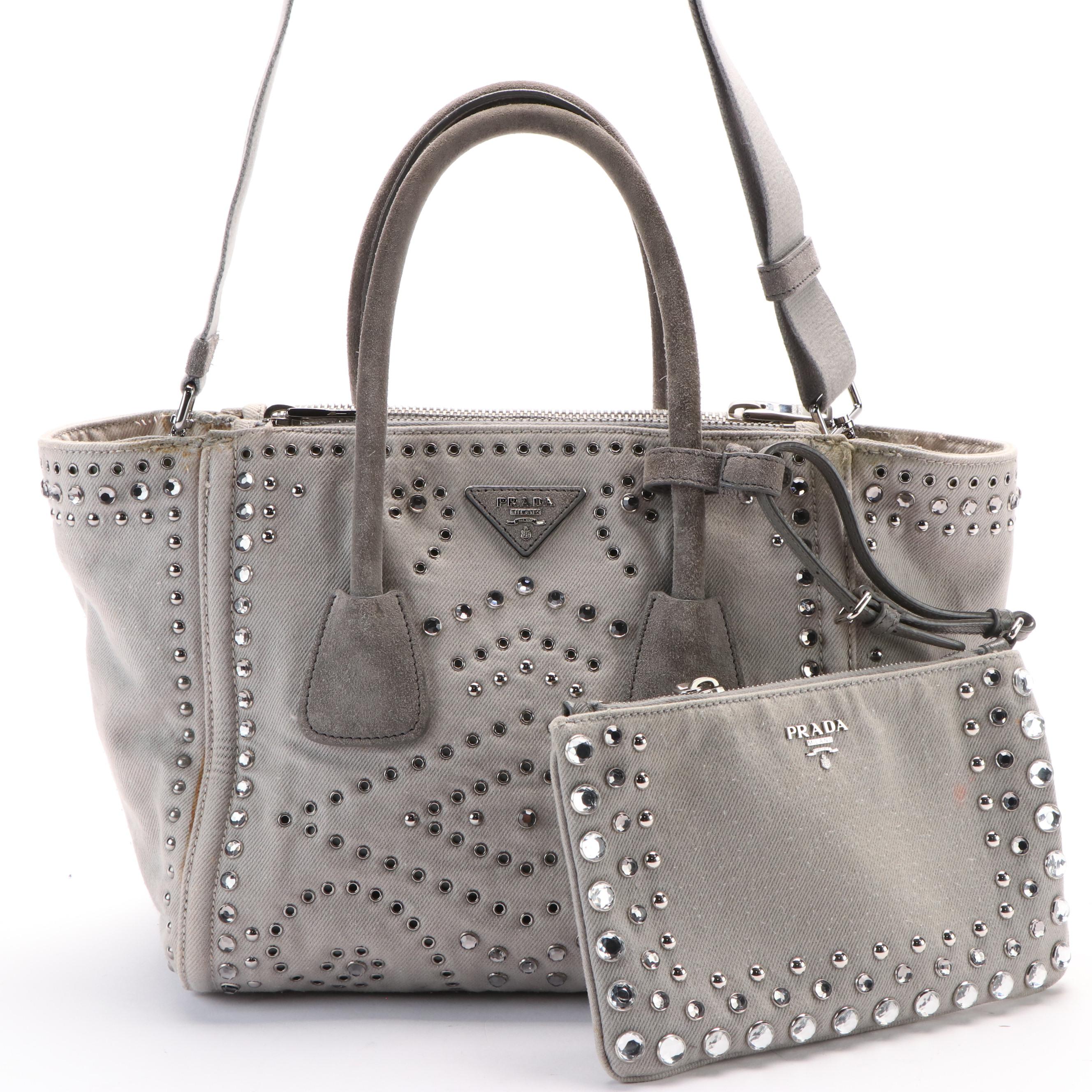 PRADA Denim Studded Two Way Tote Bag with Flat Pouch Handbag