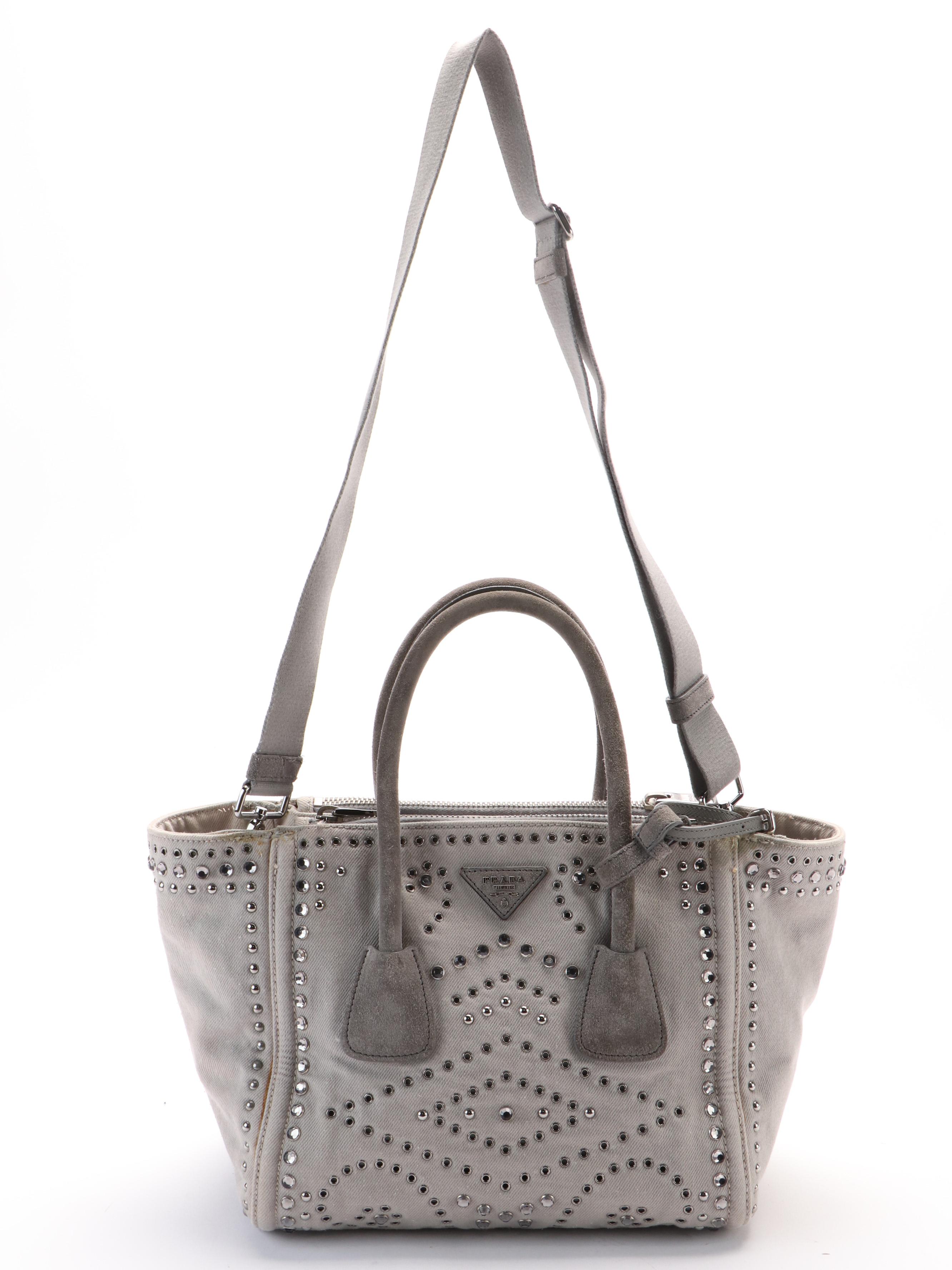 PRADA Denim Studded Two Way Tote Bag with Flat Pouch Handbag