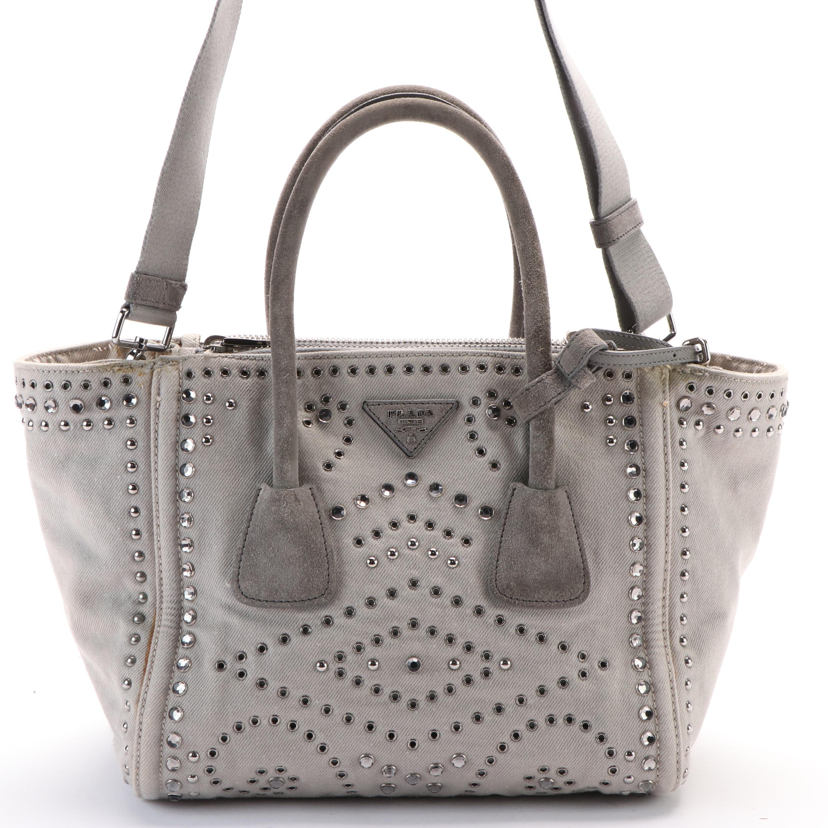 PRADA Denim Studded Two Way Tote Bag with Flat Pouch Handbag