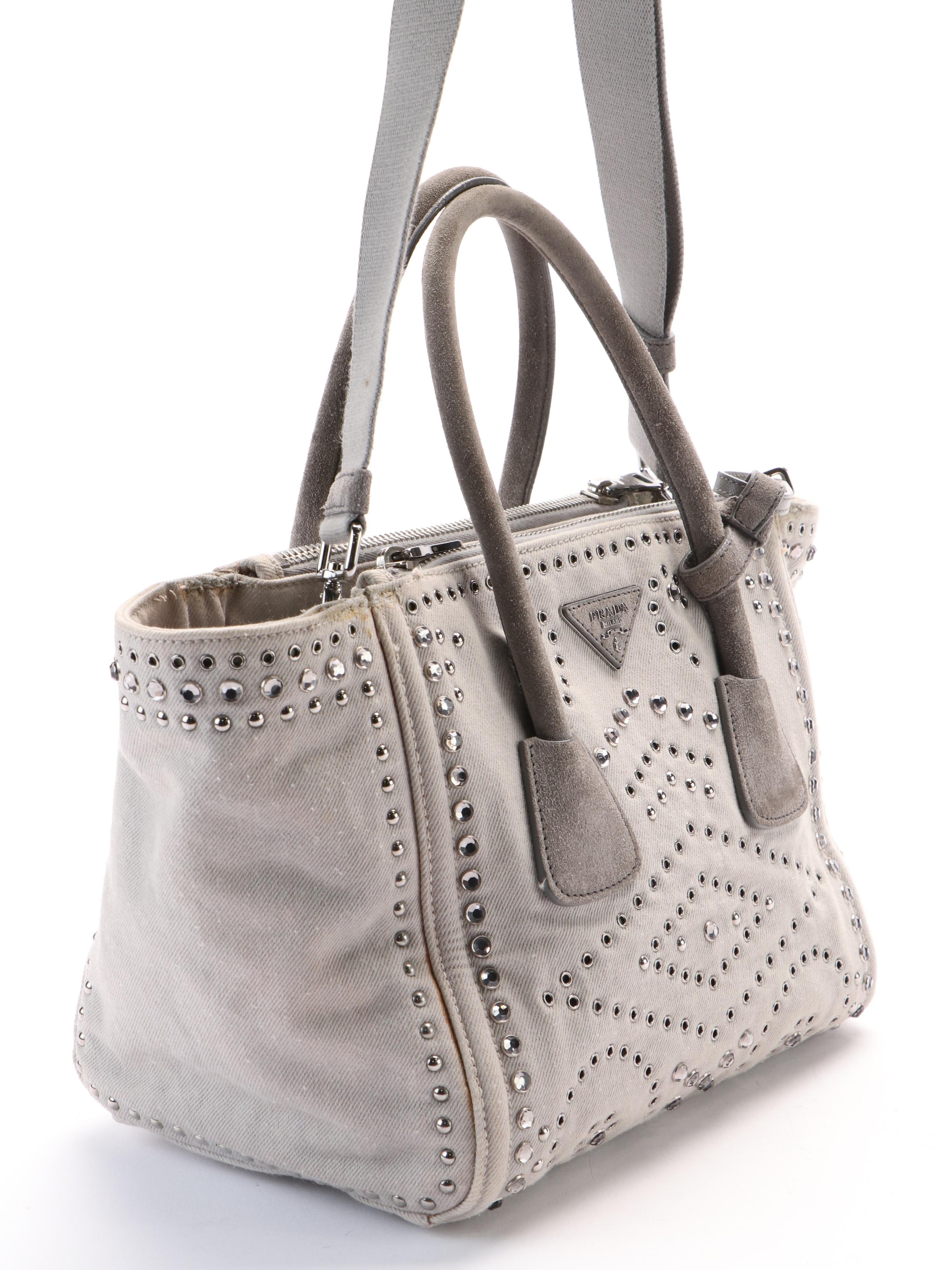 PRADA Denim Studded Two Way Tote Bag with Flat Pouch Handbag
