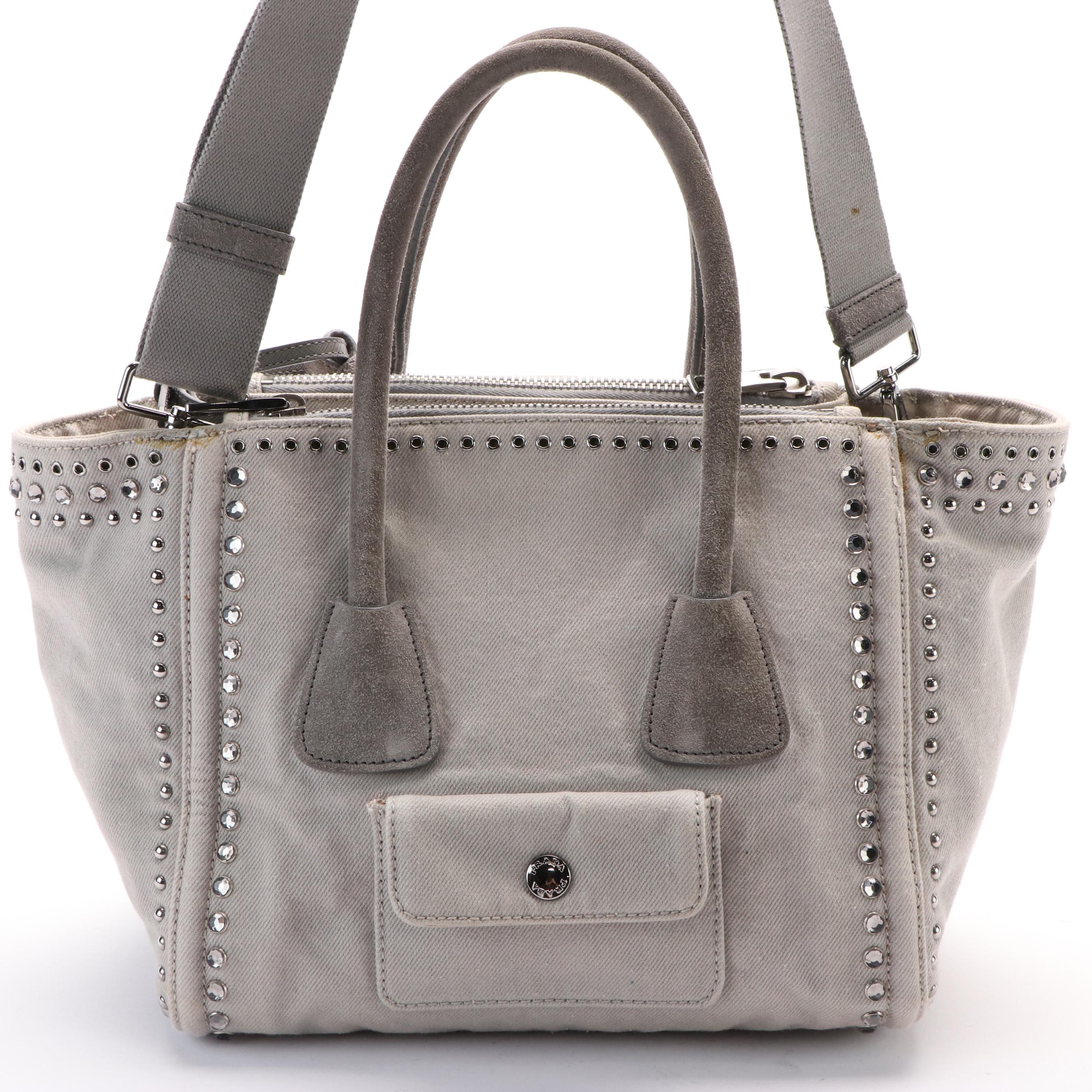 PRADA Denim Studded Two Way Tote Bag with Flat Pouch Handbag
