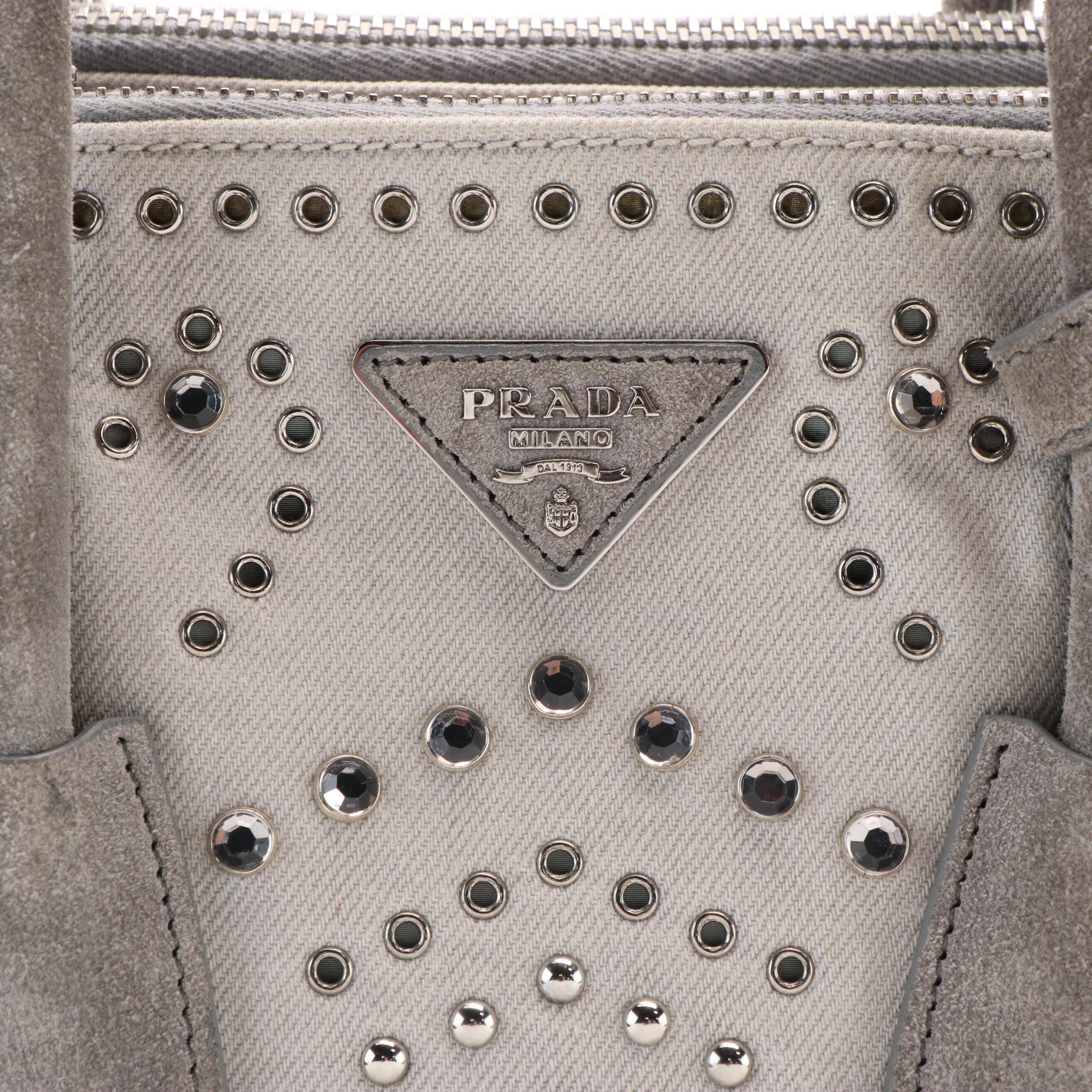 PRADA Denim Studded Two Way Tote Bag with Flat Pouch Handbag
