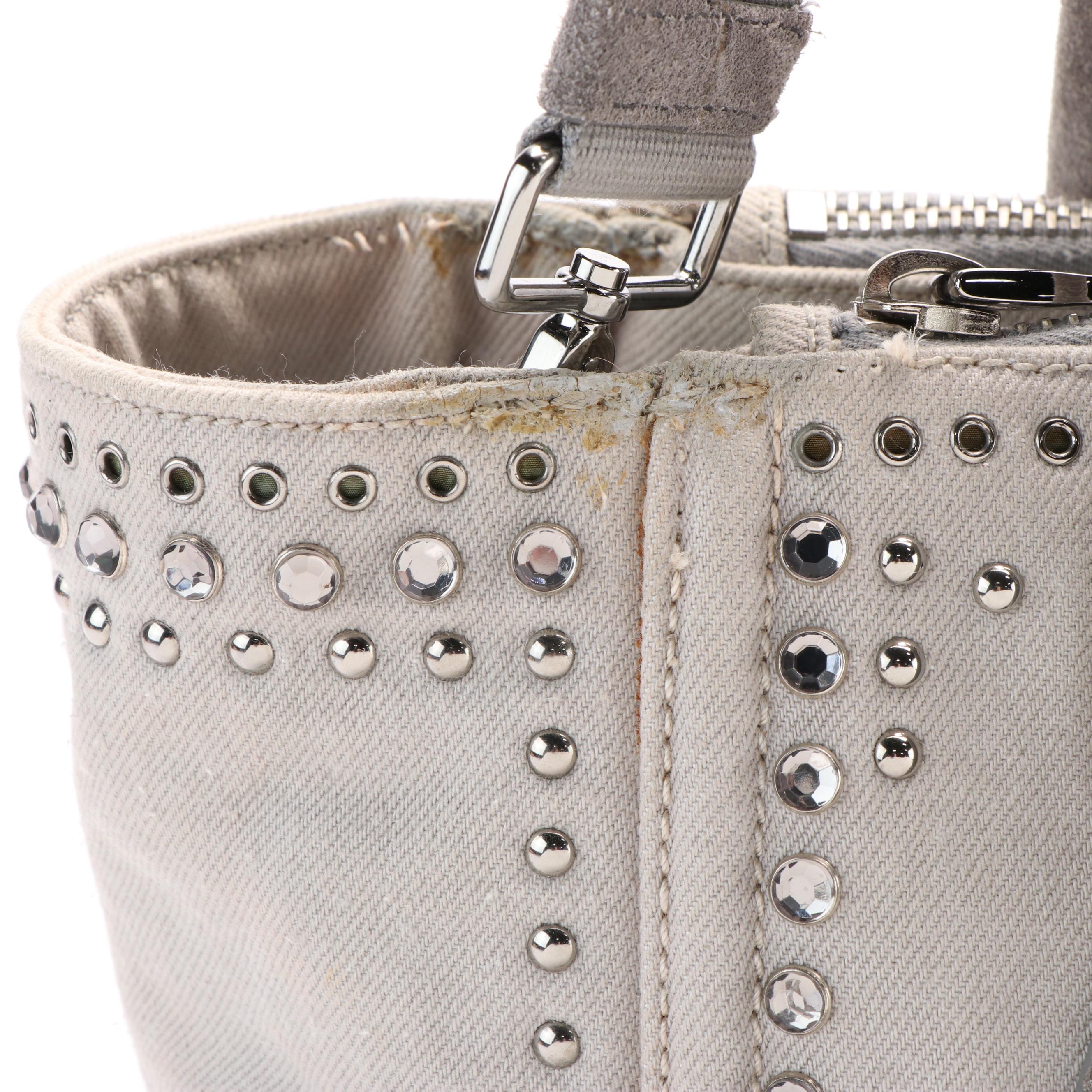 PRADA Denim Studded Two Way Tote Bag with Flat Pouch Handbag