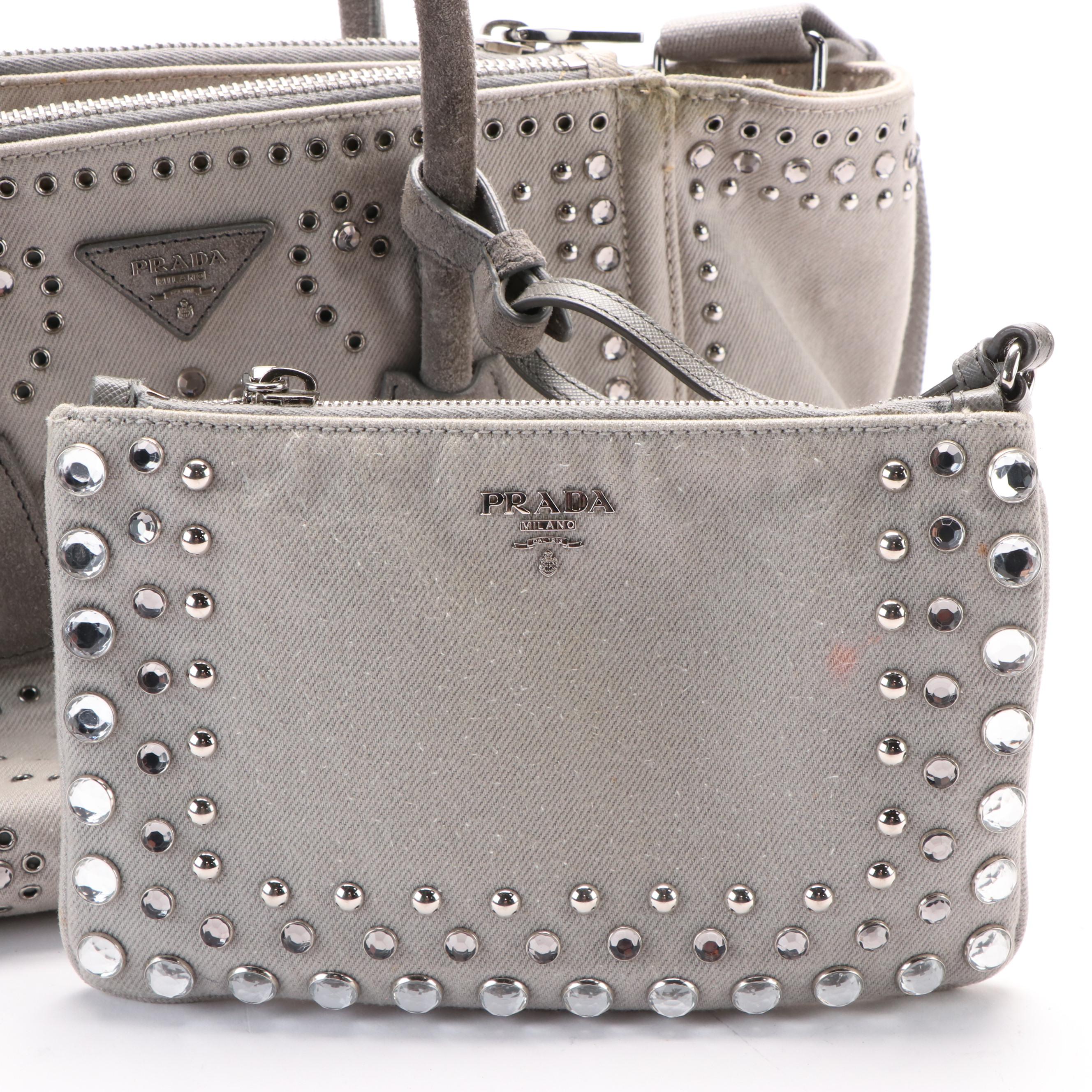 PRADA Denim Studded Two Way Tote Bag with Flat Pouch Handbag