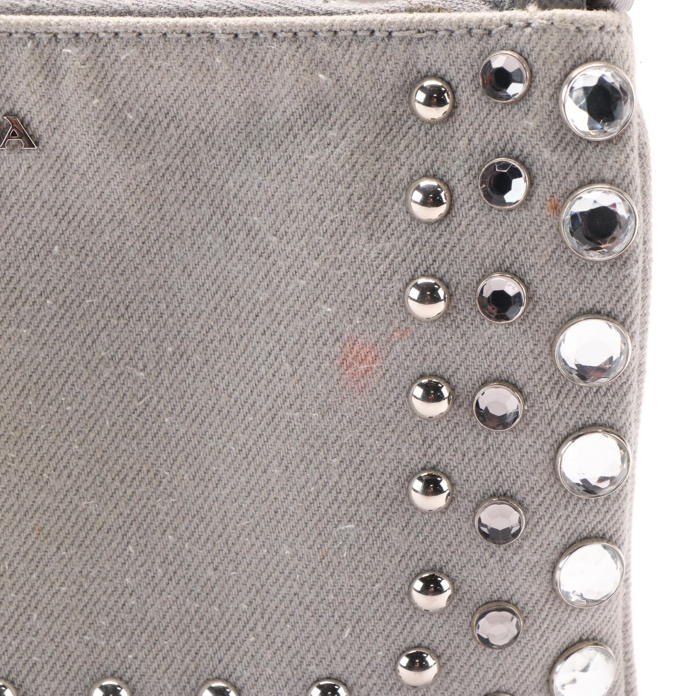 PRADA Denim Studded Two Way Tote Bag with Flat Pouch Handbag