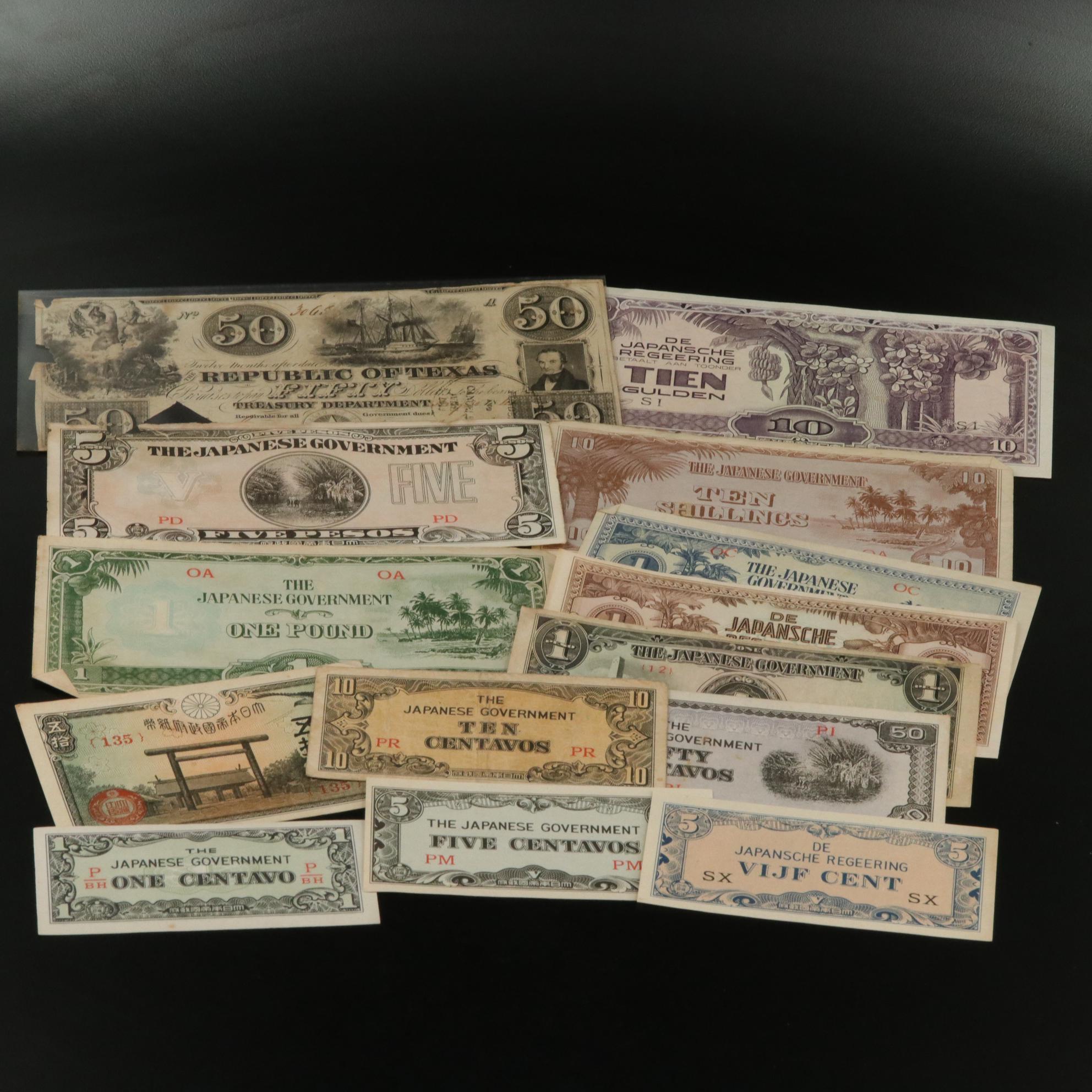 1840 Republic of Texas Fifty Dollar Obsolete Bank Note & 13 Japanese WWll Notes