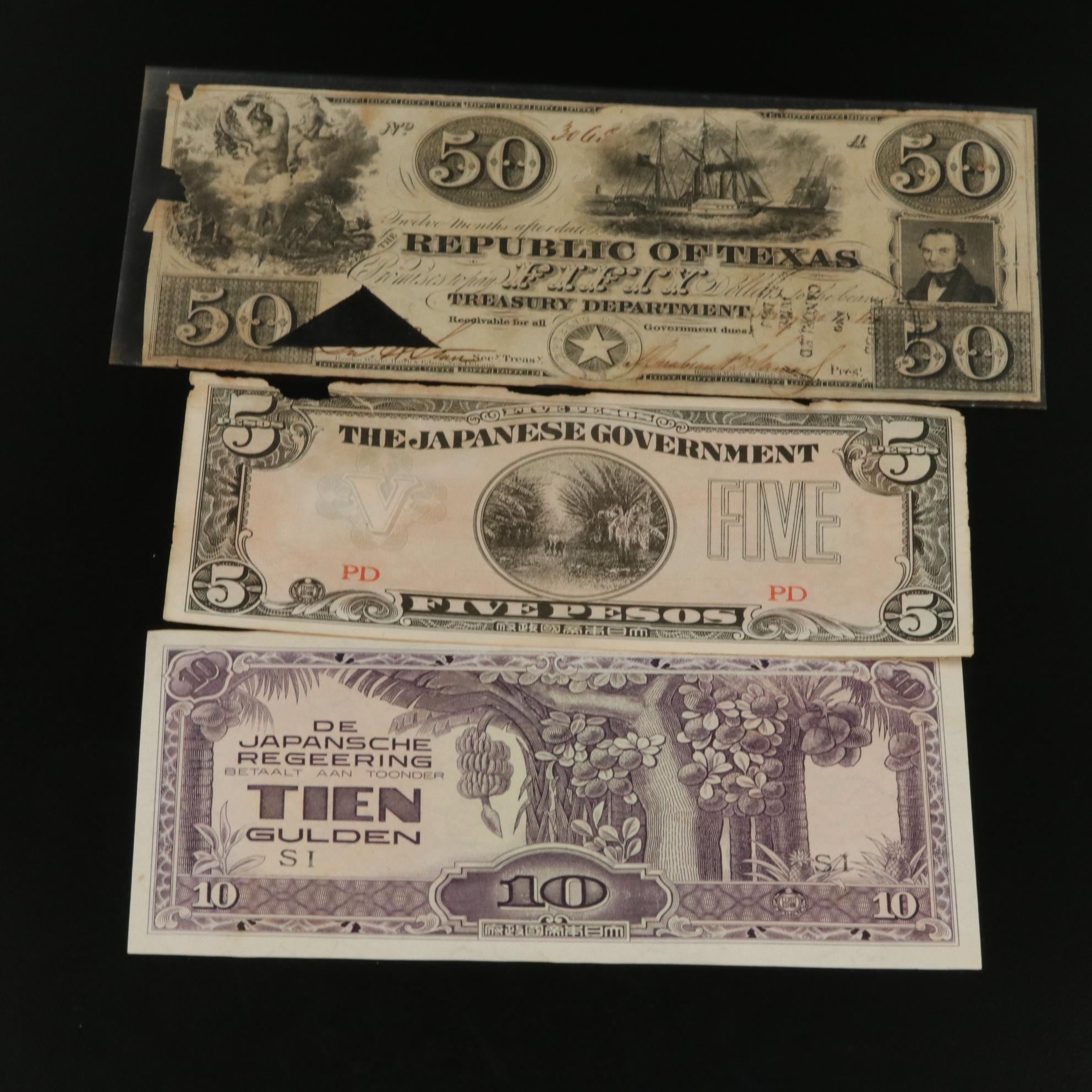 1840 Republic of Texas Fifty Dollar Obsolete Bank Note & 13 Japanese WWll Notes
