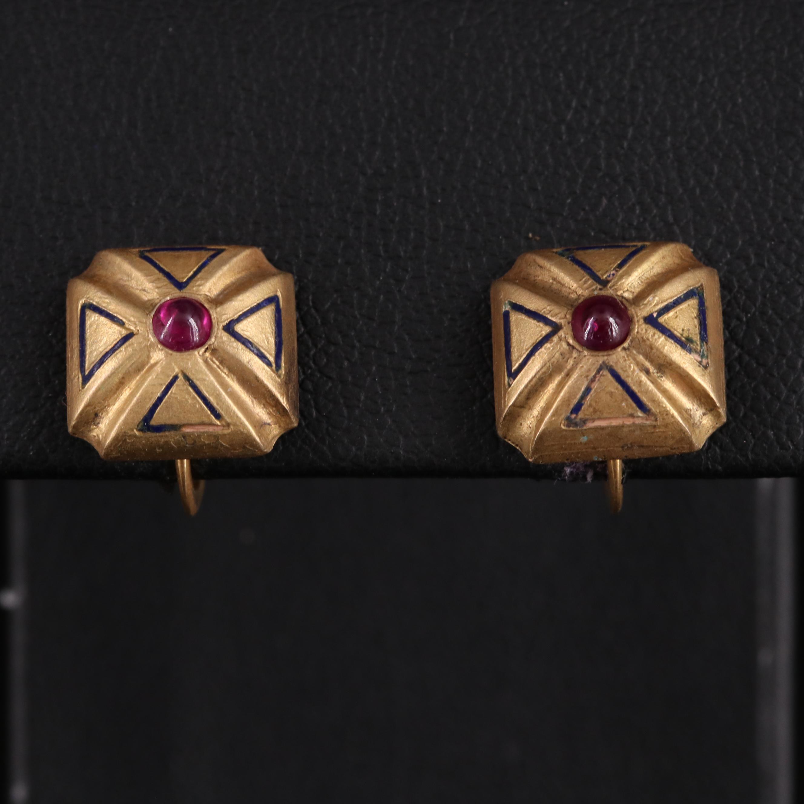 10K Ruby and Enamel Maltese Cross Earrings