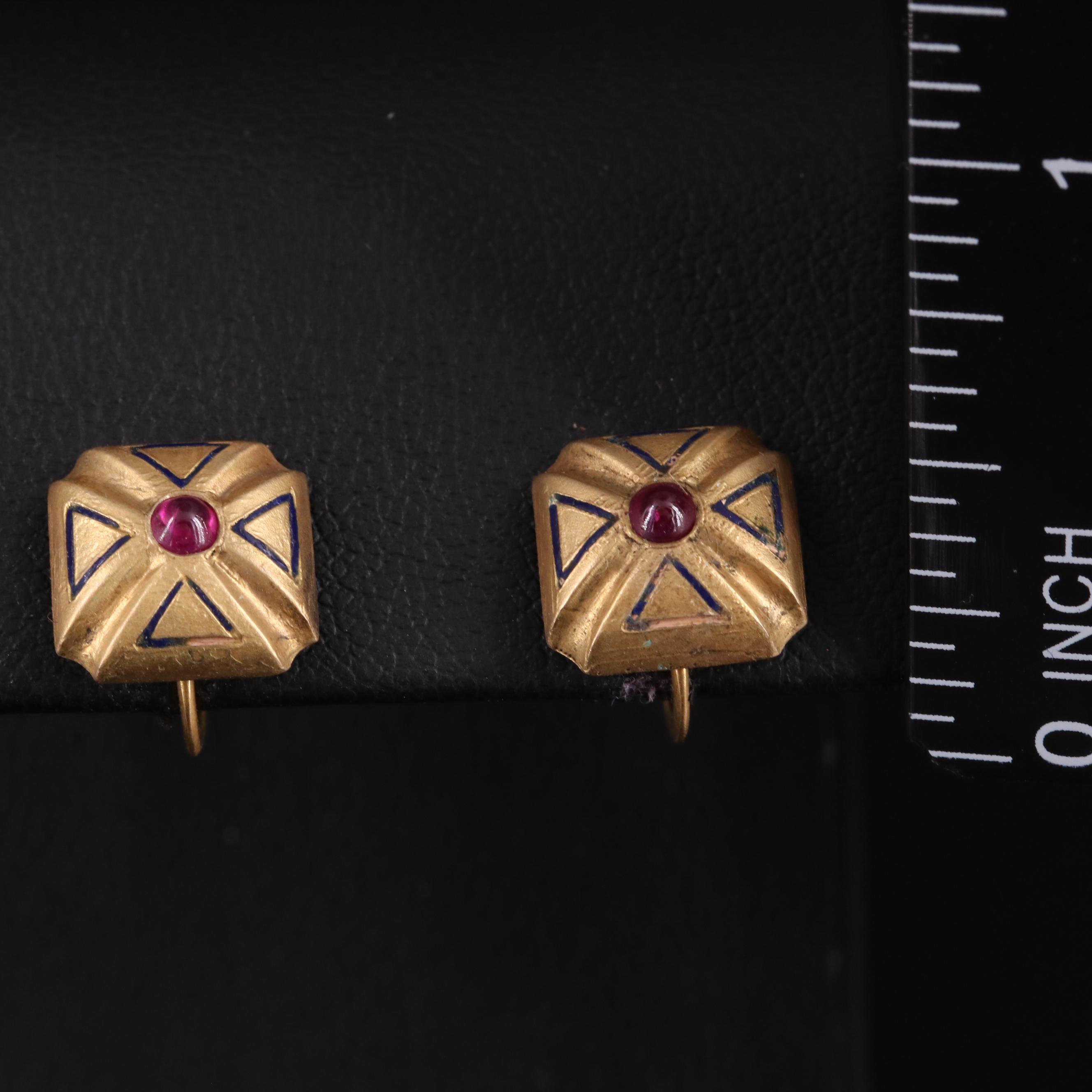 10K Ruby and Enamel Maltese Cross Earrings