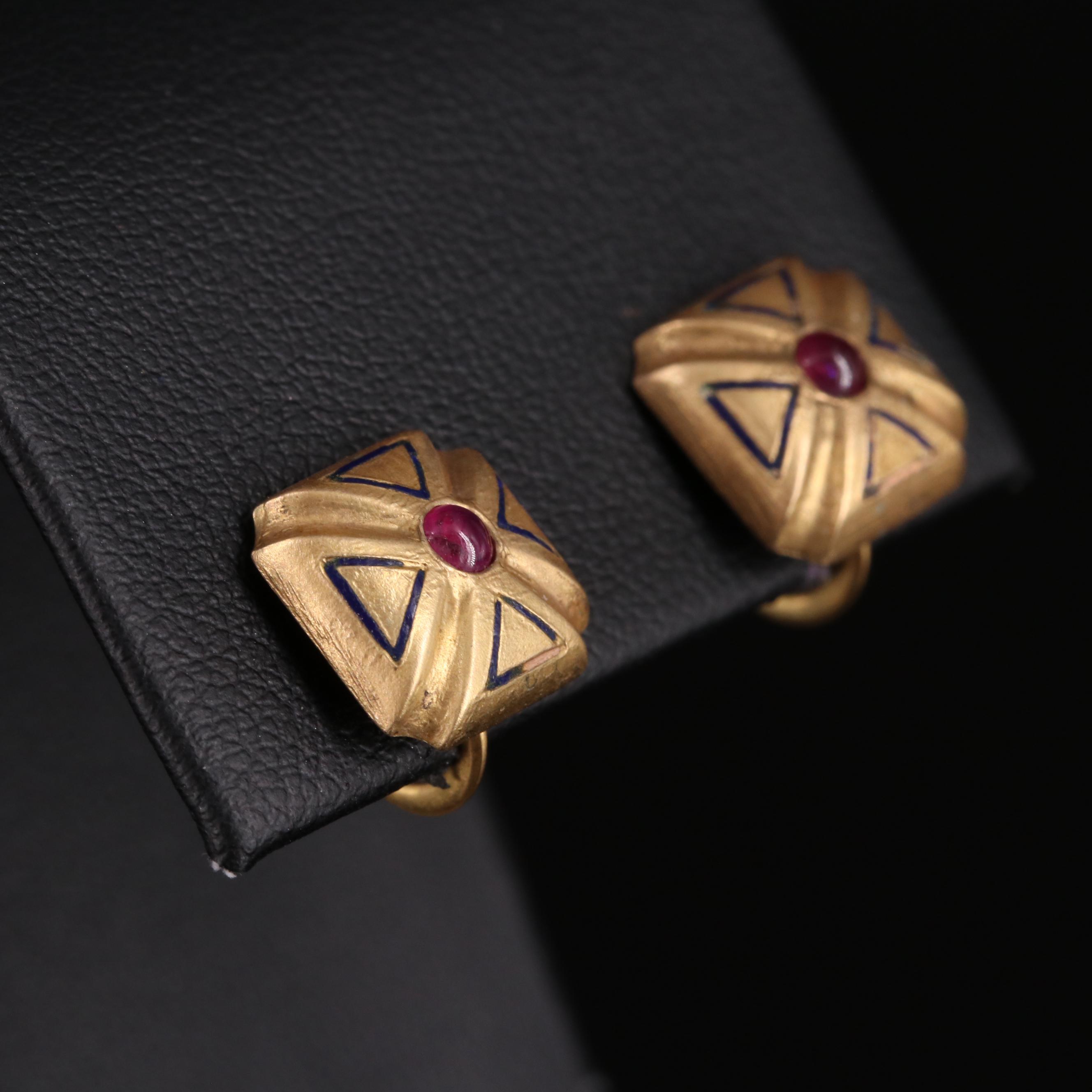 10K Ruby and Enamel Maltese Cross Earrings