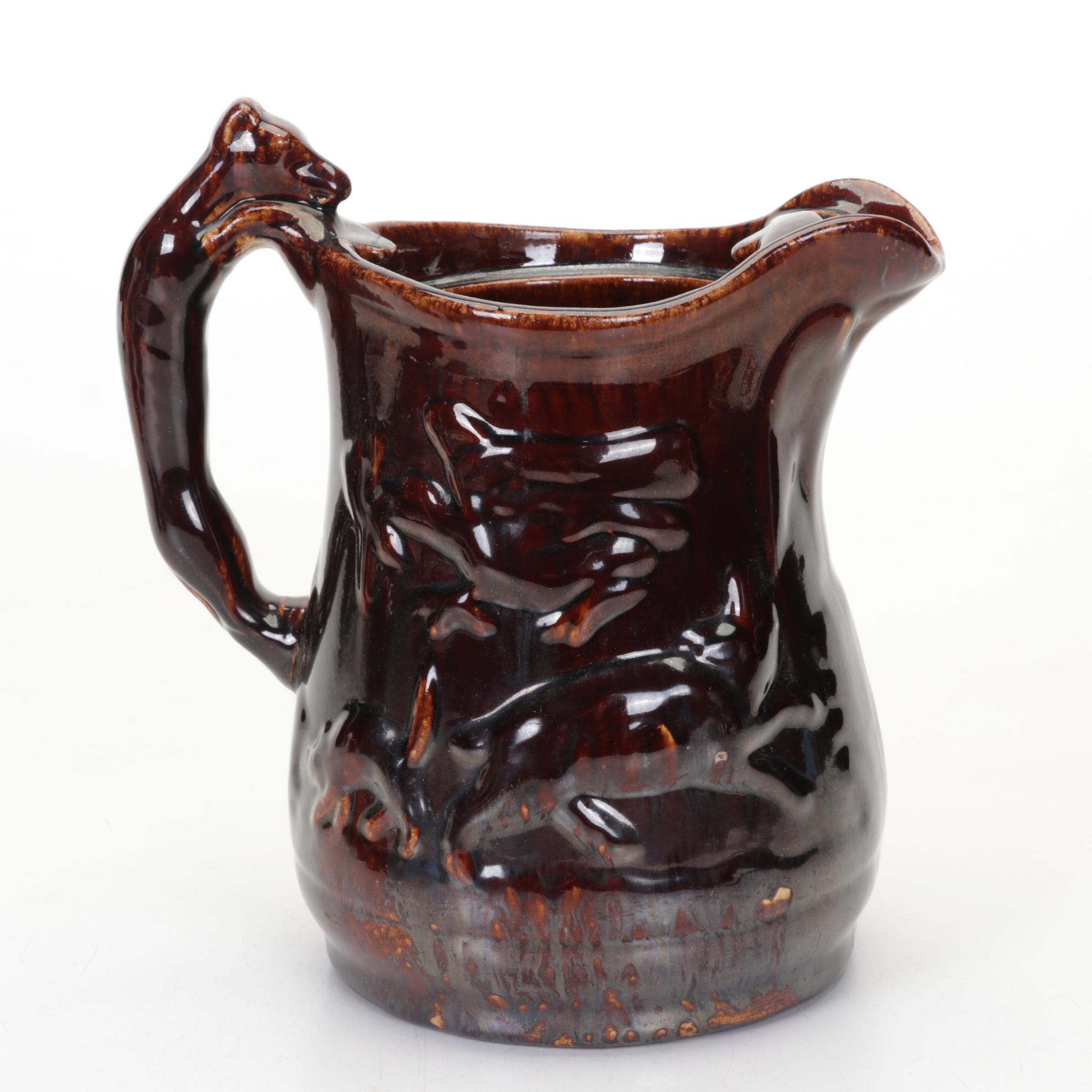 English Treacle Glaze Hunting Pitcher with Fox Handle, Novelty Teapot and Mug