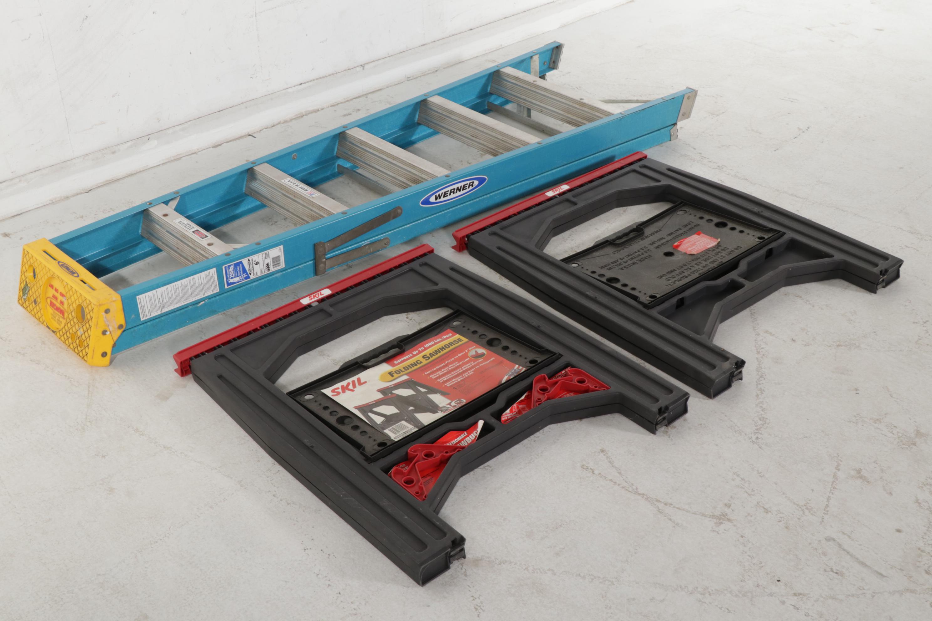 Werner Step Ladder With Two SKIL Folding Sawhorses