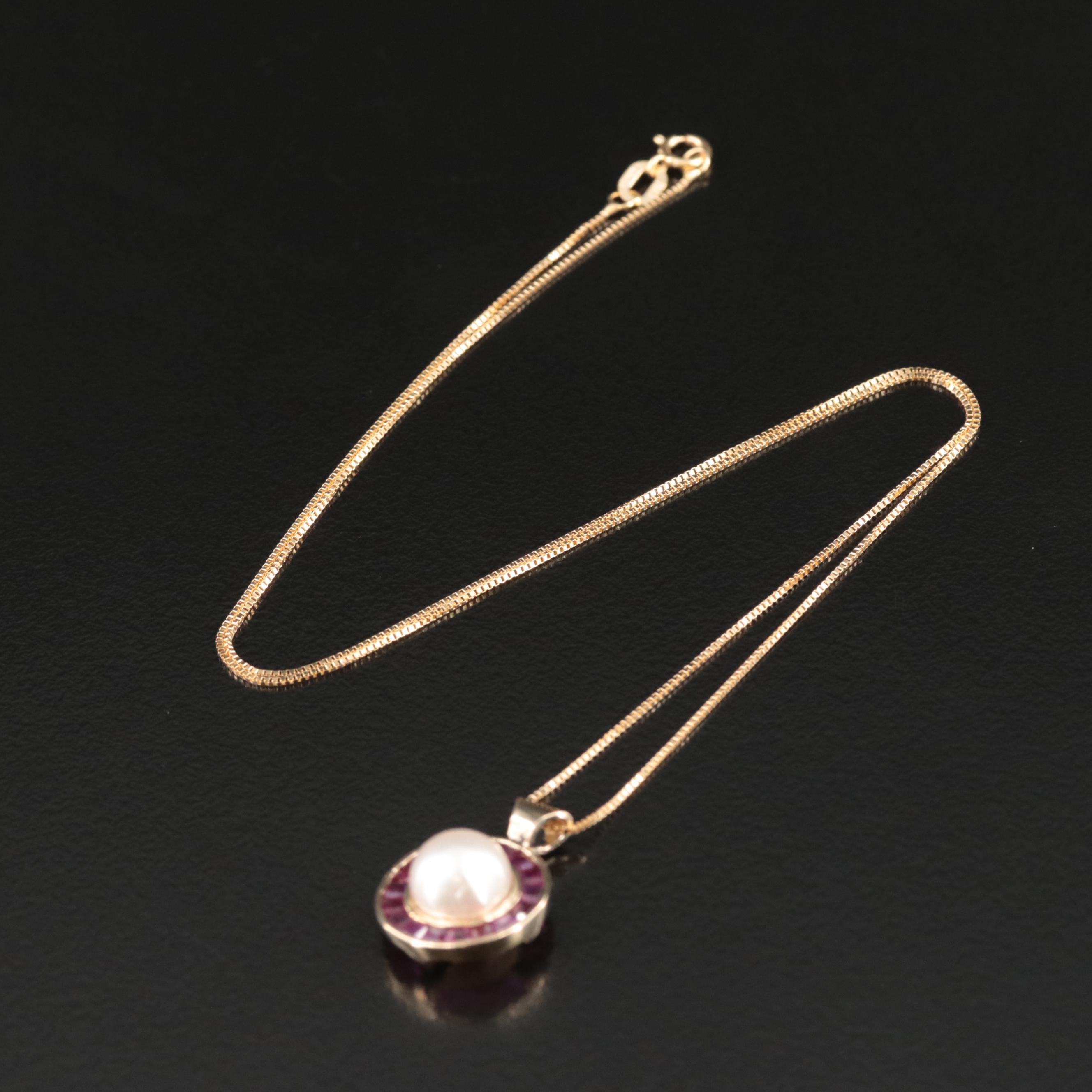 14K Pearl and Ruby Pendant on 10K Necklace