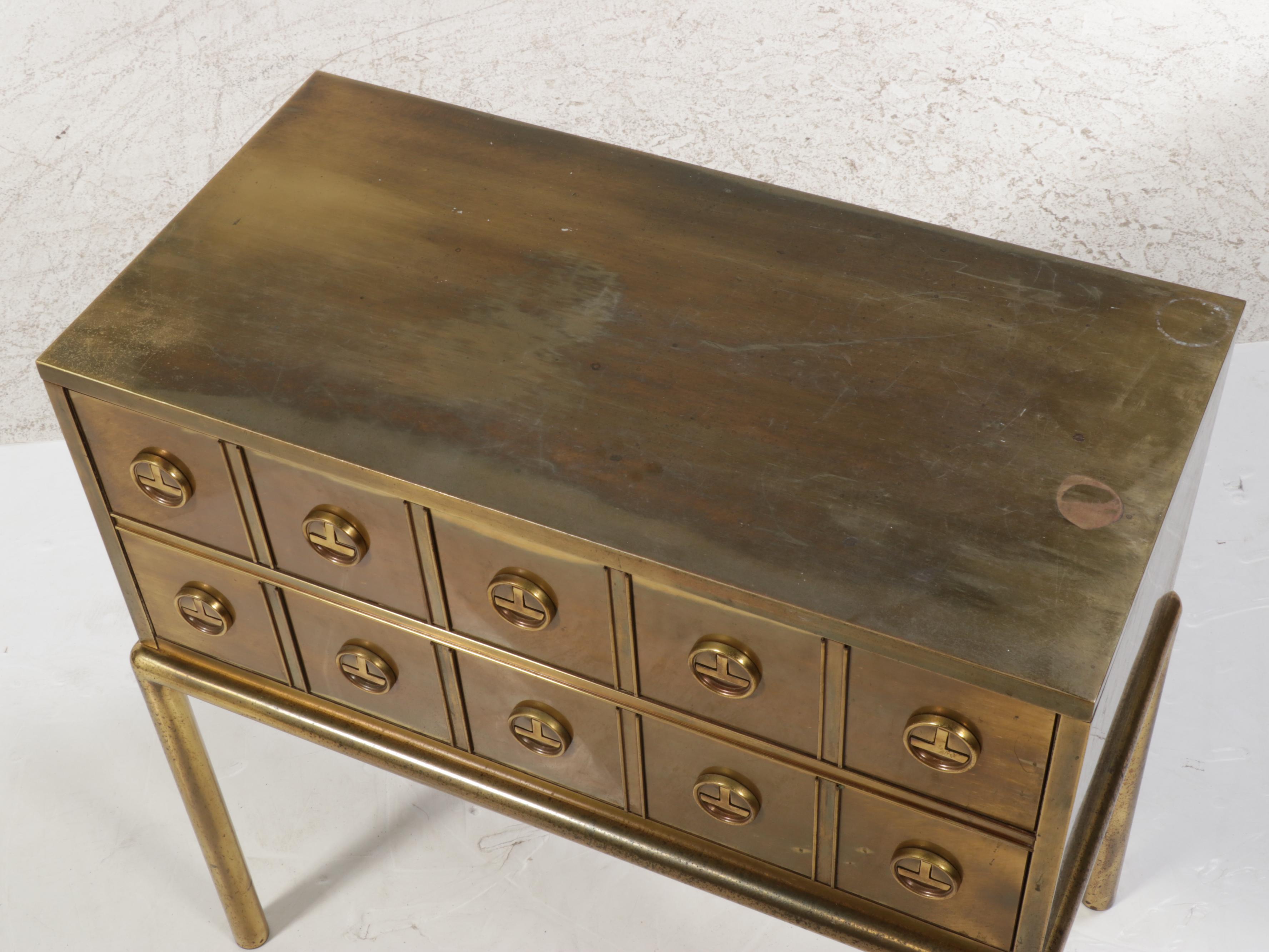Mastercraft Chinese Style Brass Two-Drawer "Apothecary" Chest-on-Stand, c. 1970