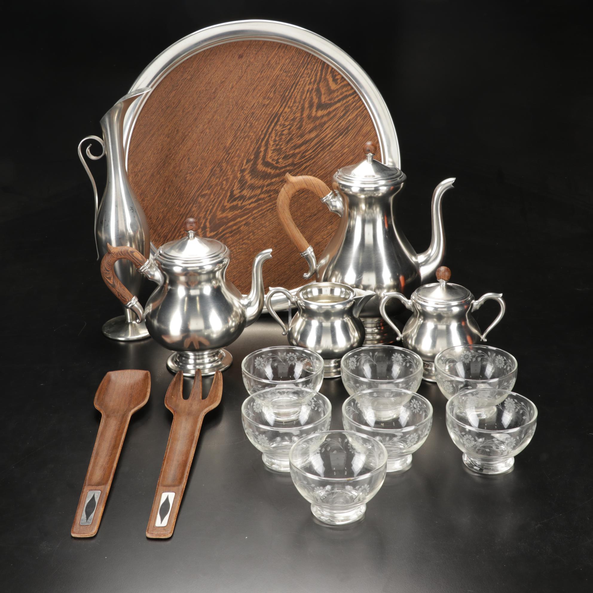 Royal Holland Pewter Tea and Coffee Set, Etched Fruit Bowls, and Salad