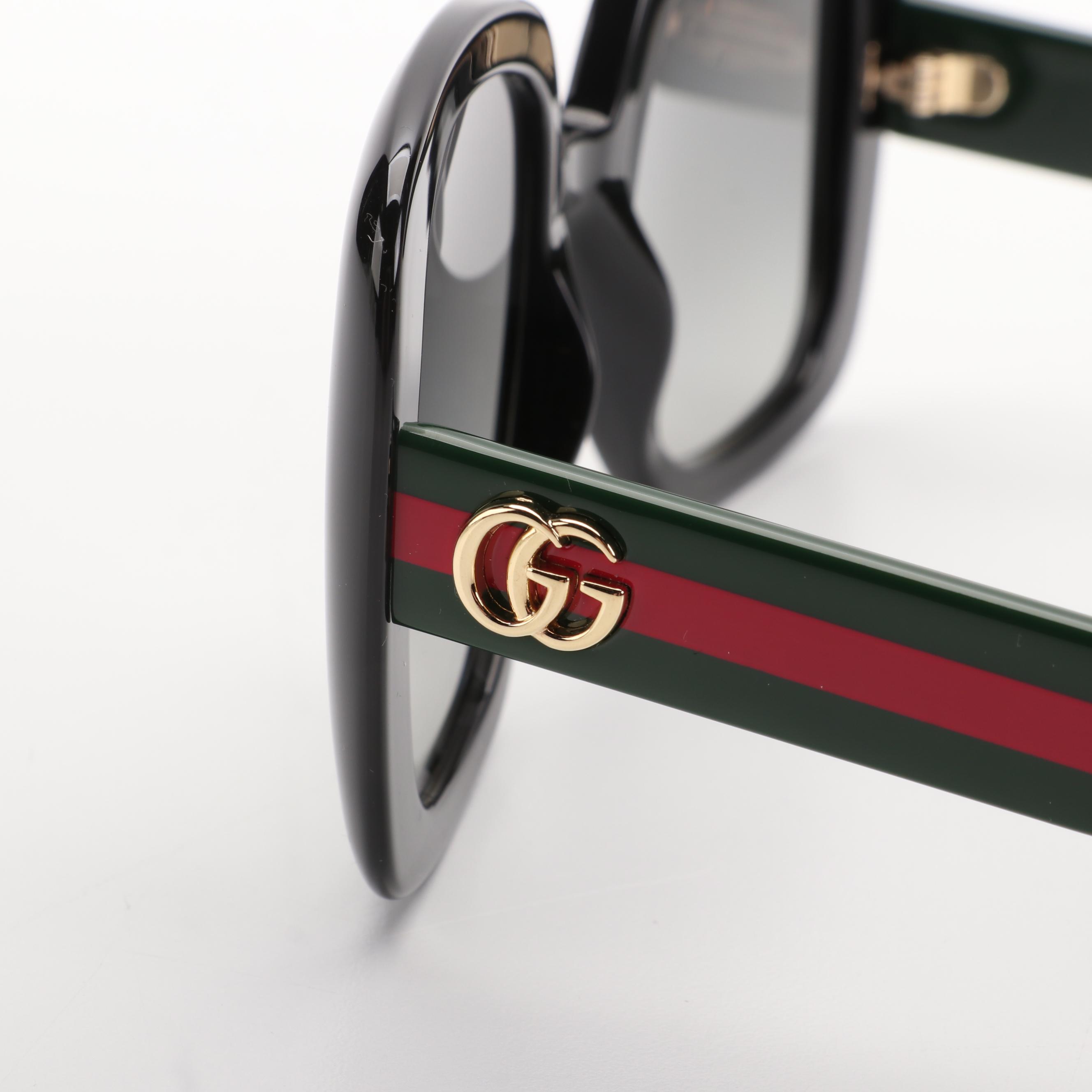 Gucci GG0713S Black and GG Green/Red Web Stripe Square Sunglasses with Case
