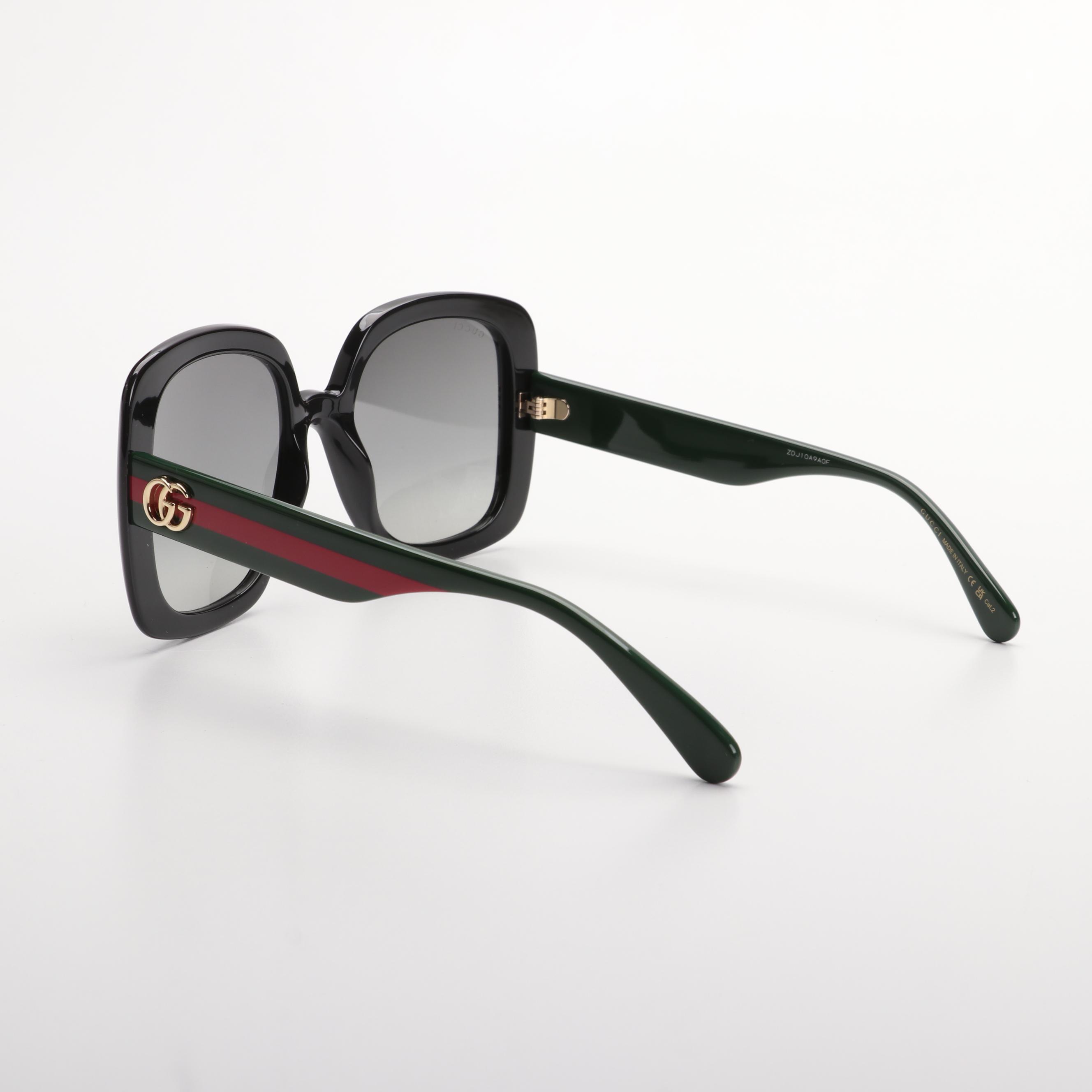 Gucci GG0713S Black and GG Green/Red Web Stripe Square Sunglasses with Case