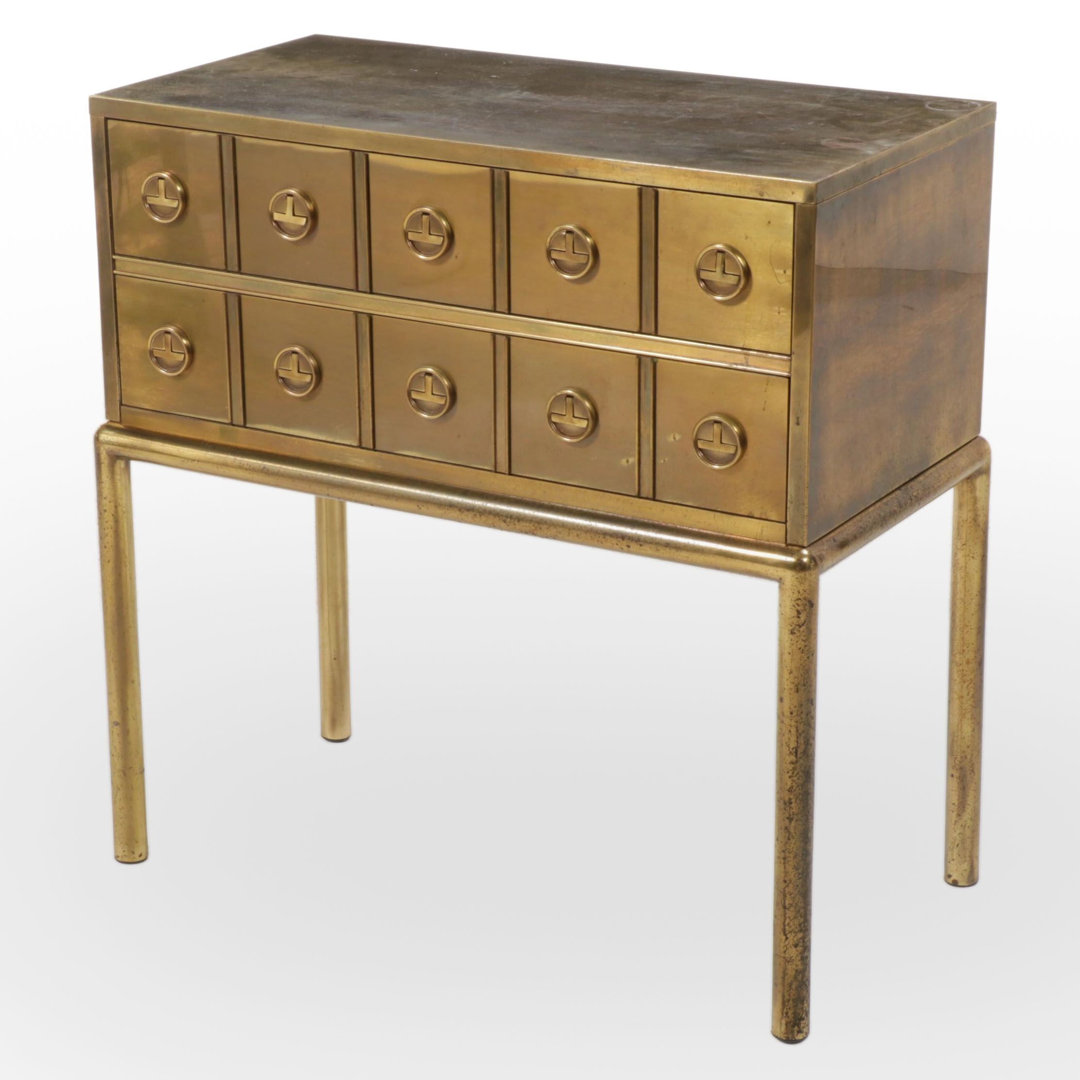 Mastercraft Chinese Style Brass Two-Drawer "Apothecary" Chest-on-Stand, c. 1970