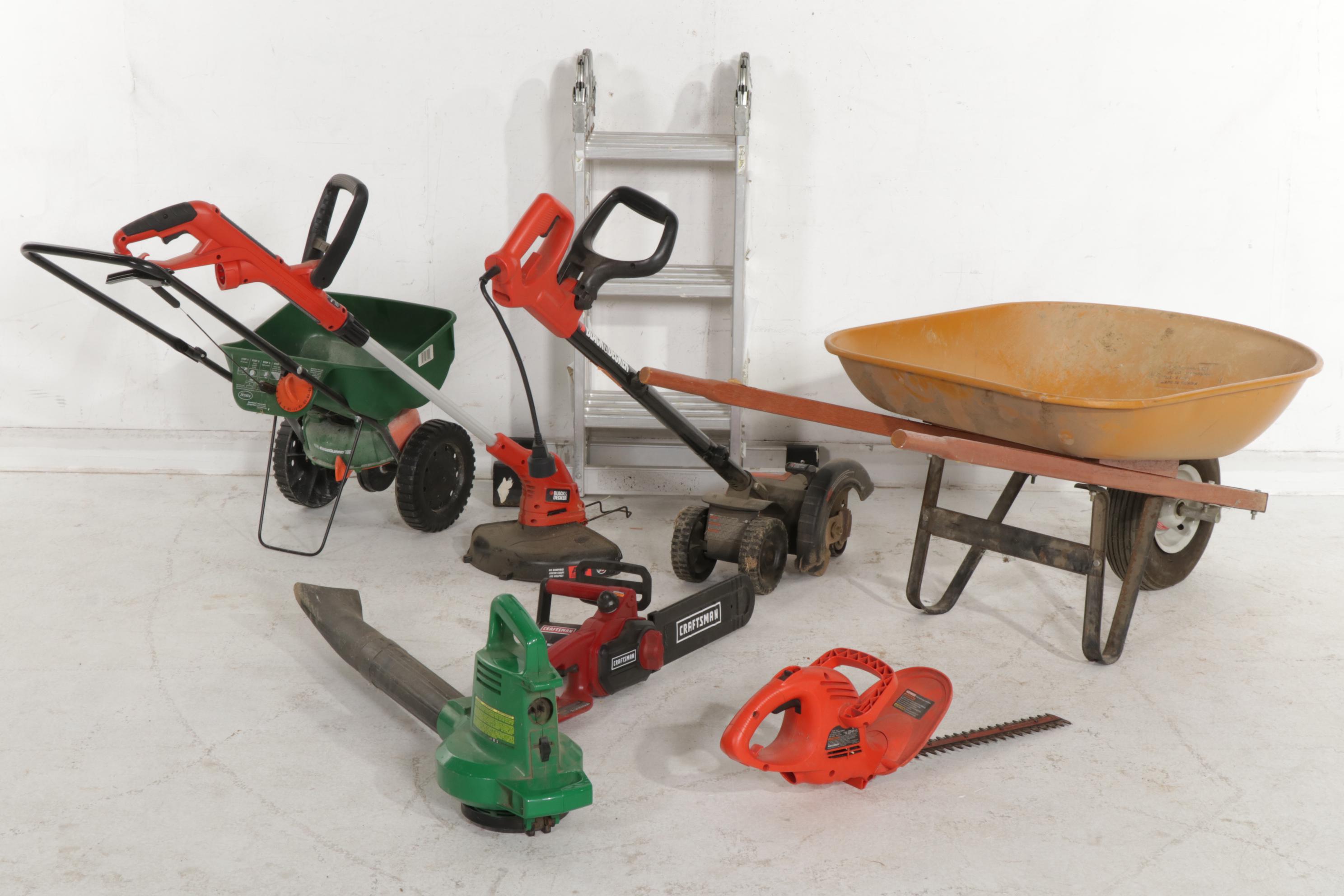 Scotts Broadcast Spreader, Wheelbarrow, Chainsaw, Blower and More