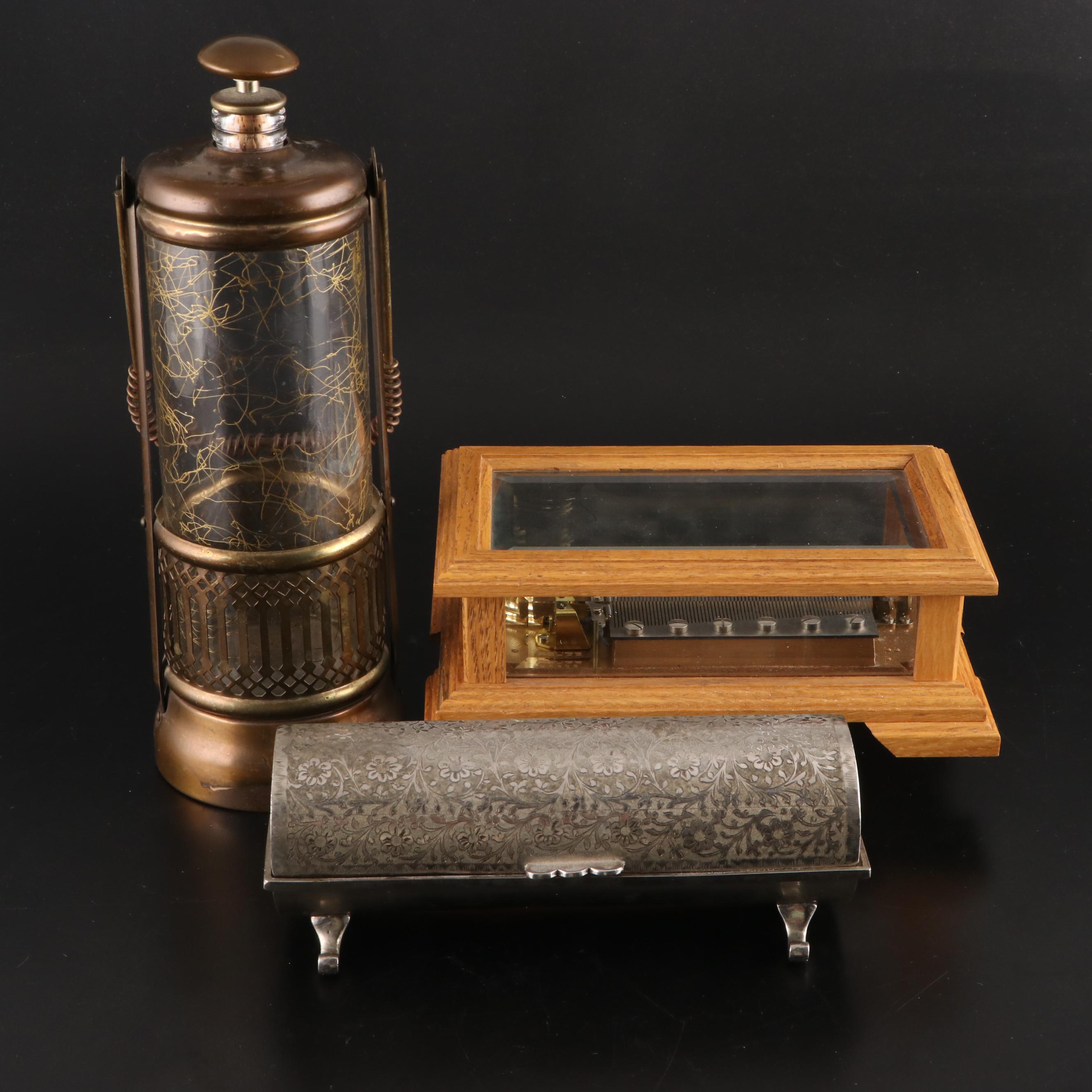 Silver Plate Music Box with Reuge Music Glass Music Box, Musical Decanter