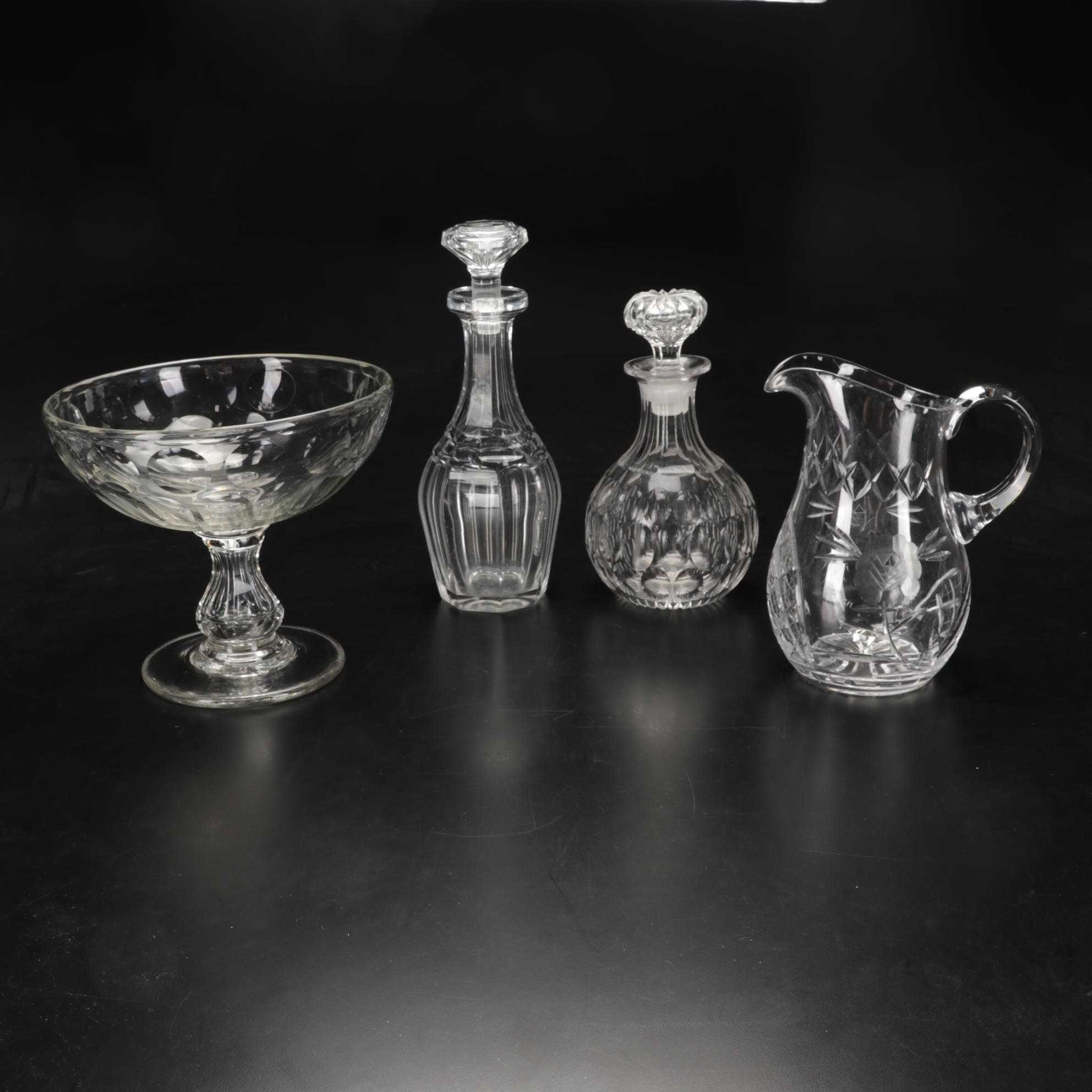 Pressed Glass Flower-Etched Pitcher with Pressed Glass Compote and Decanters