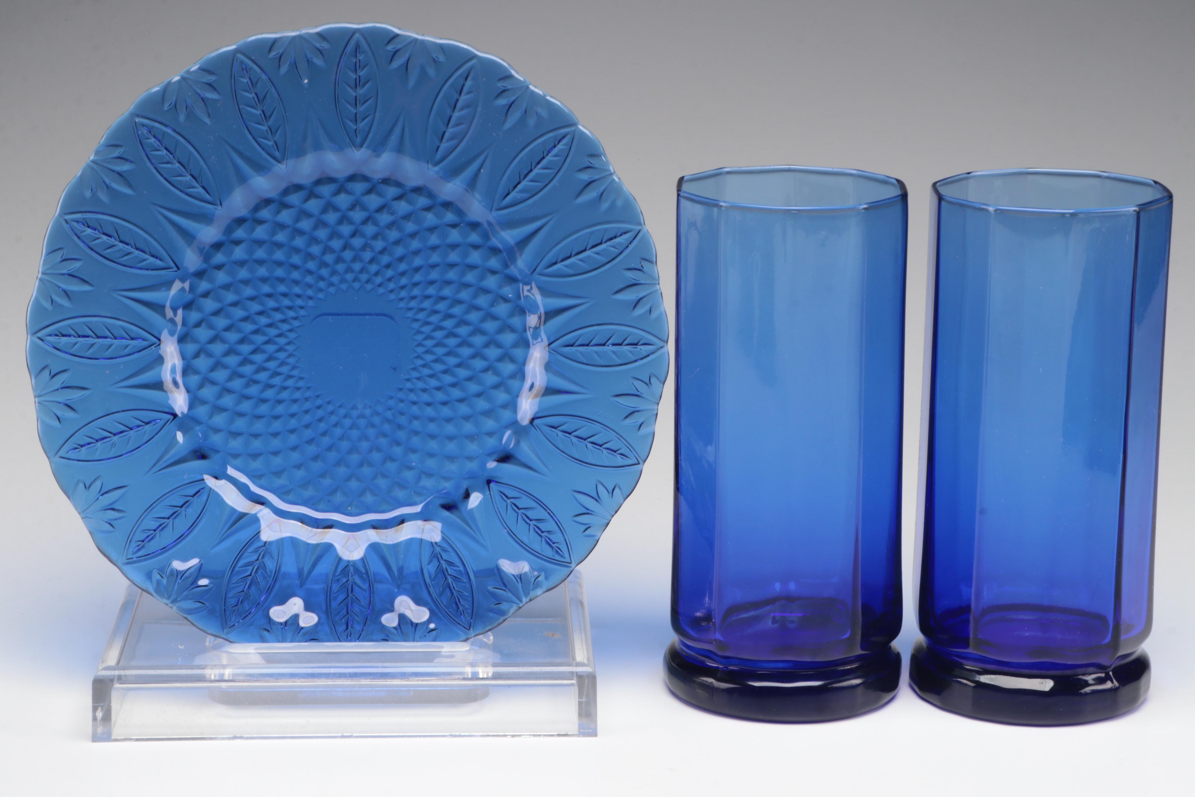 Fenton Hand-Painted Canaan Valley Glass Bell and Other Cobalt Glass Décor