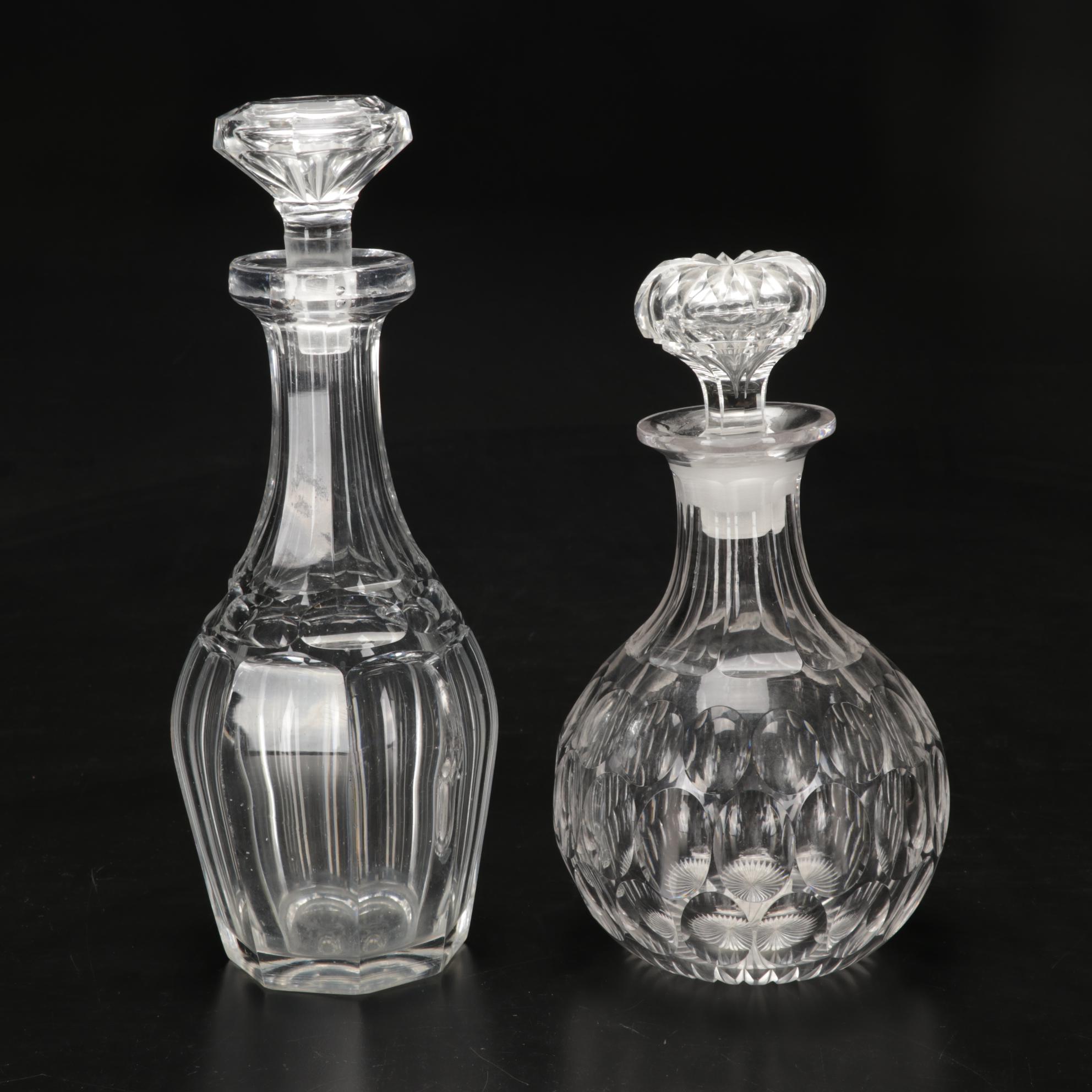 Pressed Glass Flower-Etched Pitcher with Pressed Glass Compote and Decanters