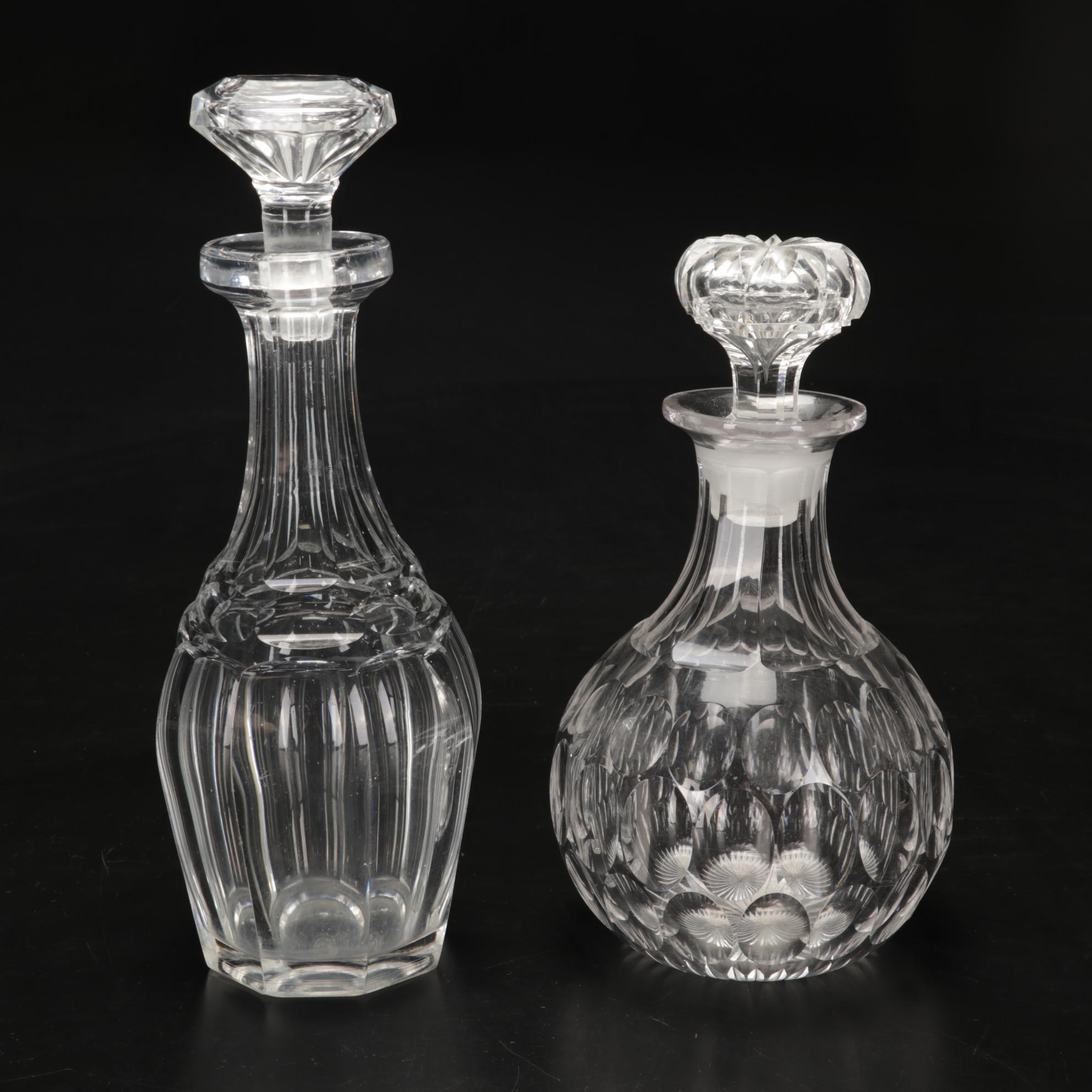 Pressed Glass Flower-Etched Pitcher with Pressed Glass Compote and Decanters