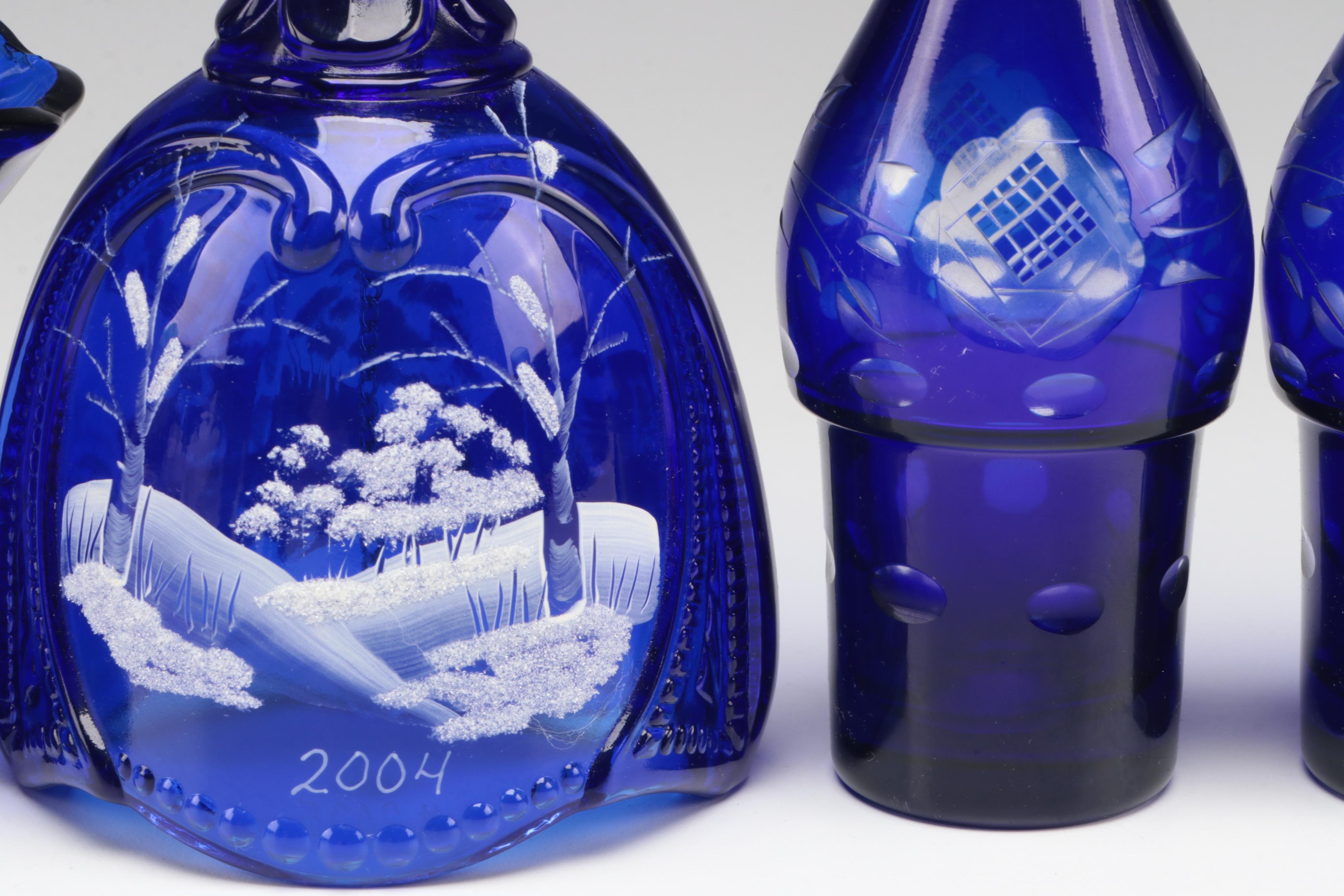 Fenton Hand-Painted Canaan Valley Glass Bell and Other Cobalt Glass Décor