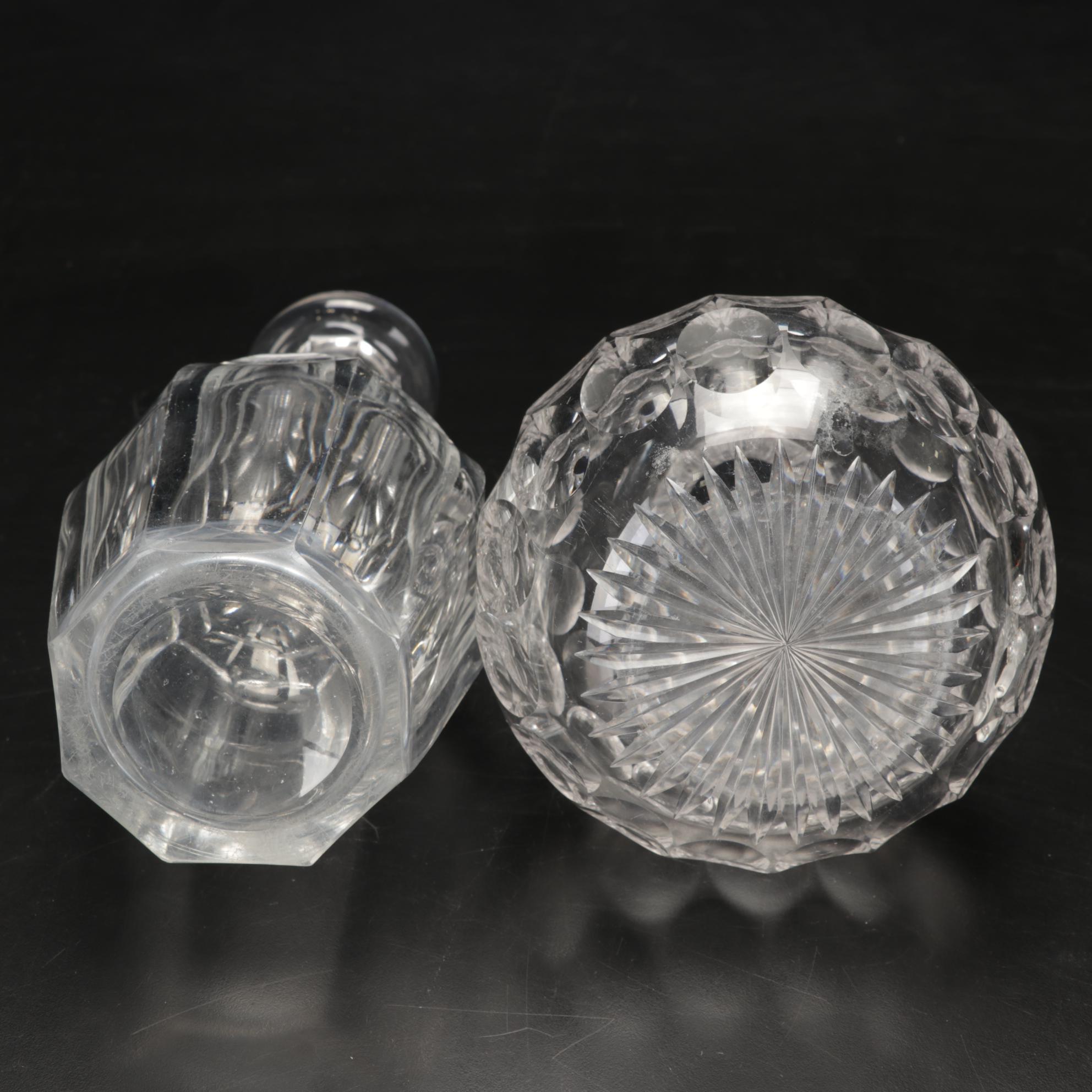 Pressed Glass Flower-Etched Pitcher with Pressed Glass Compote and Decanters