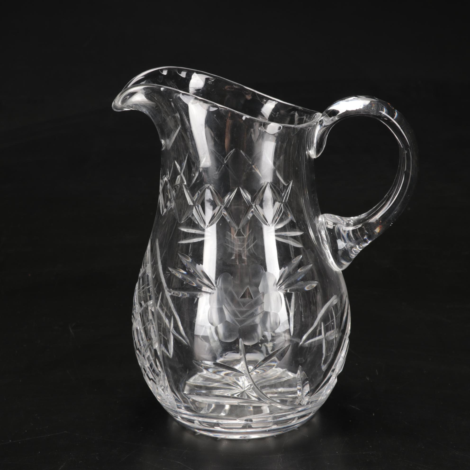 Pressed Glass Flower-Etched Pitcher with Pressed Glass Compote and Decanters