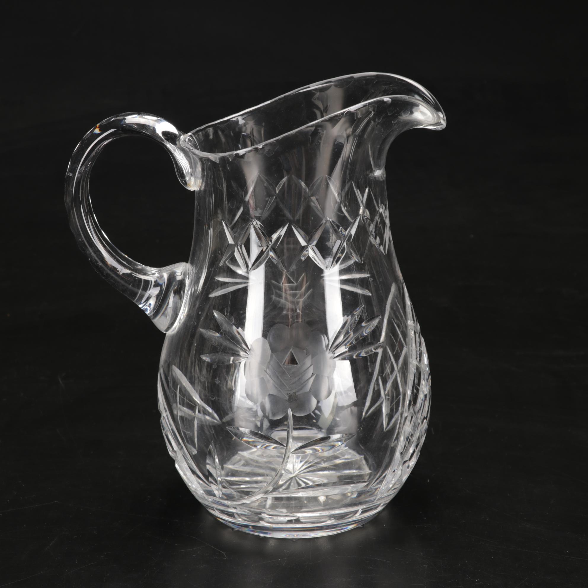Pressed Glass Flower-Etched Pitcher with Pressed Glass Compote and Decanters