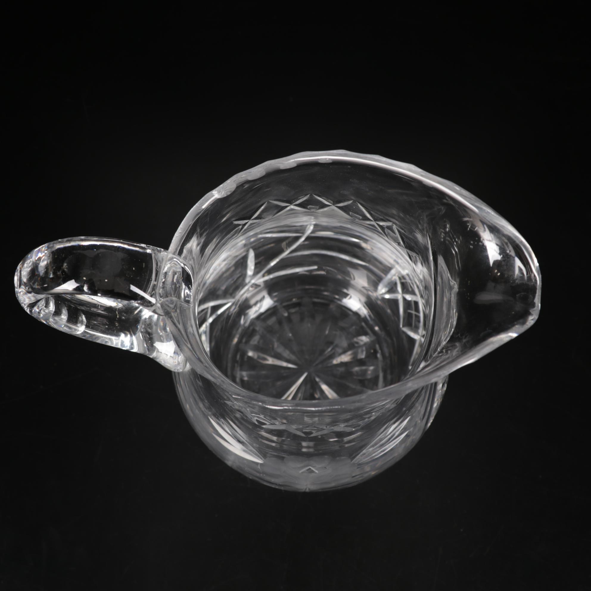 Pressed Glass Flower-Etched Pitcher with Pressed Glass Compote and Decanters