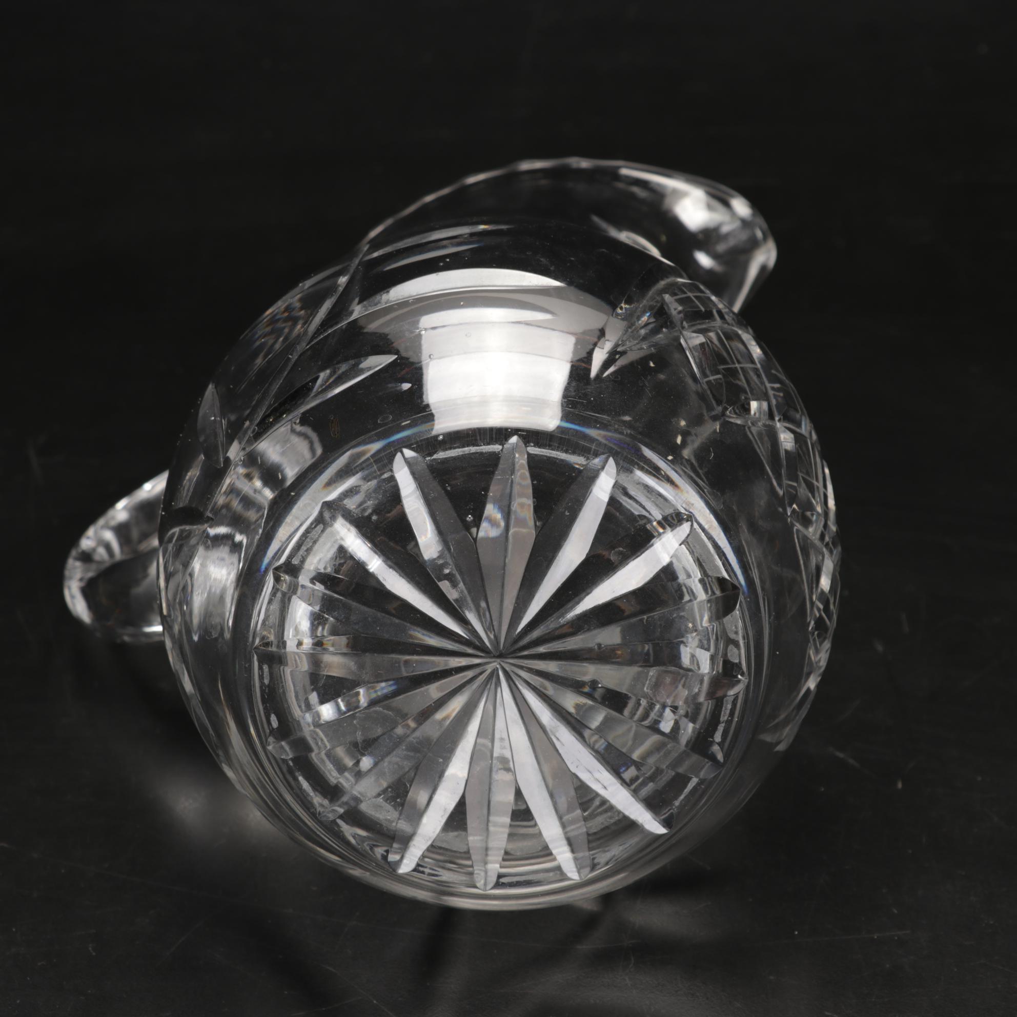 Pressed Glass Flower-Etched Pitcher with Pressed Glass Compote and Decanters