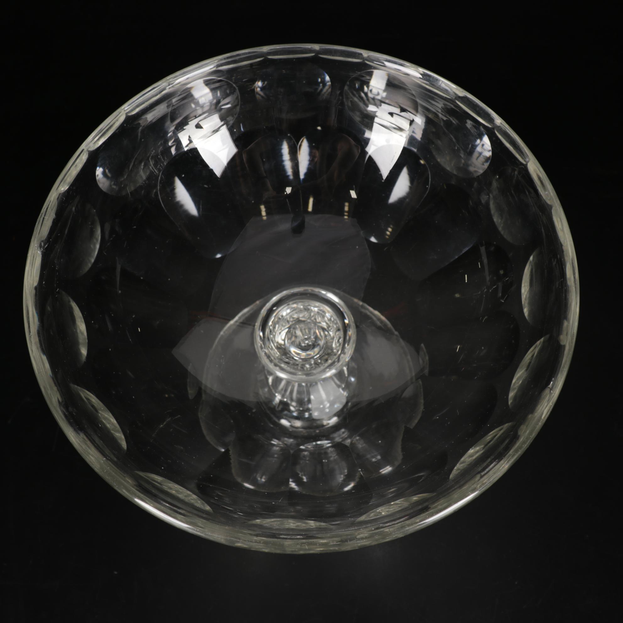 Pressed Glass Flower-Etched Pitcher with Pressed Glass Compote and Decanters