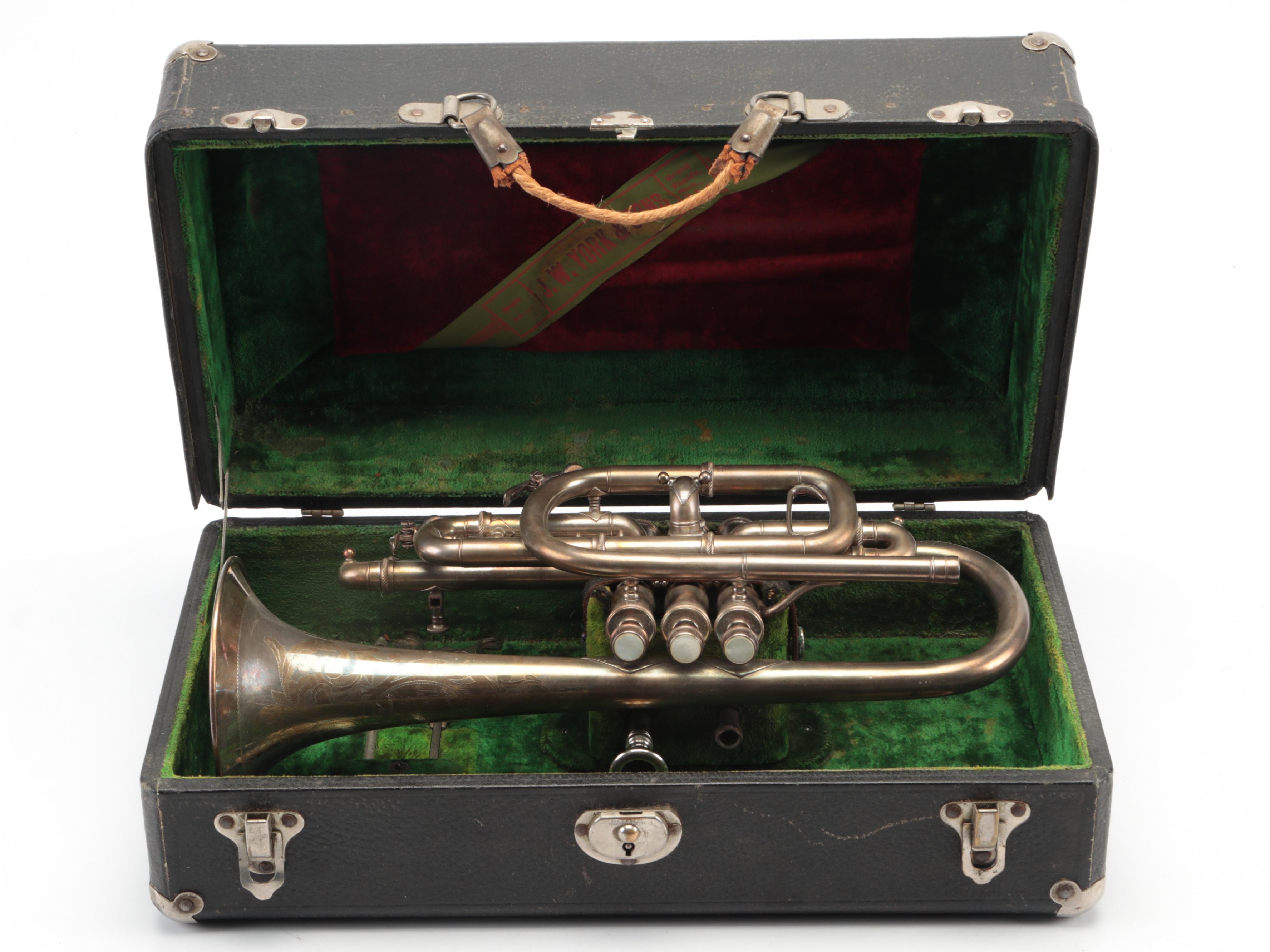 JW York Professional A/Bb Cornet with Case, Early 20th Century