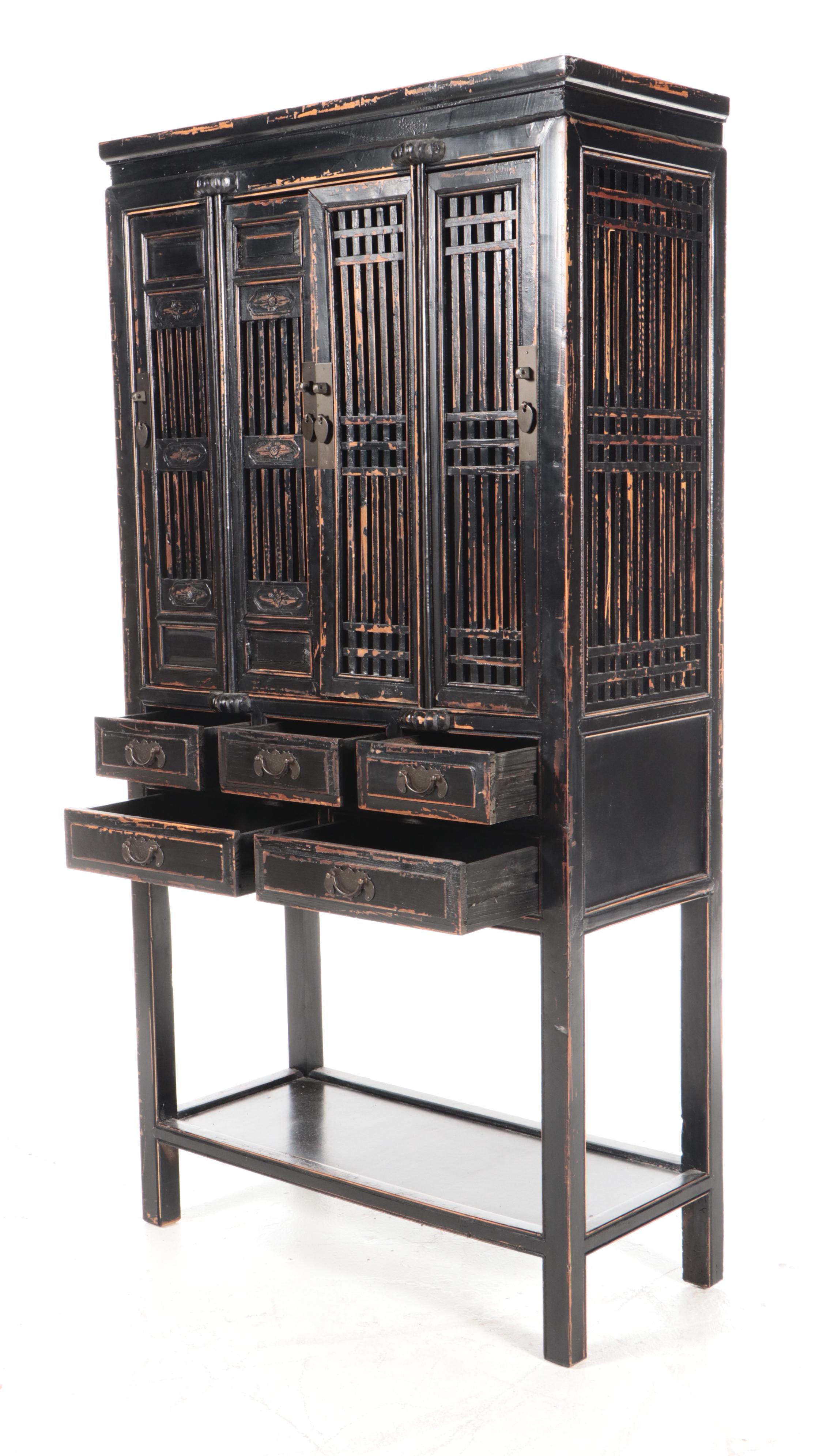 Arhaus Chinese Ebonized Wood Slat Front Cabinet