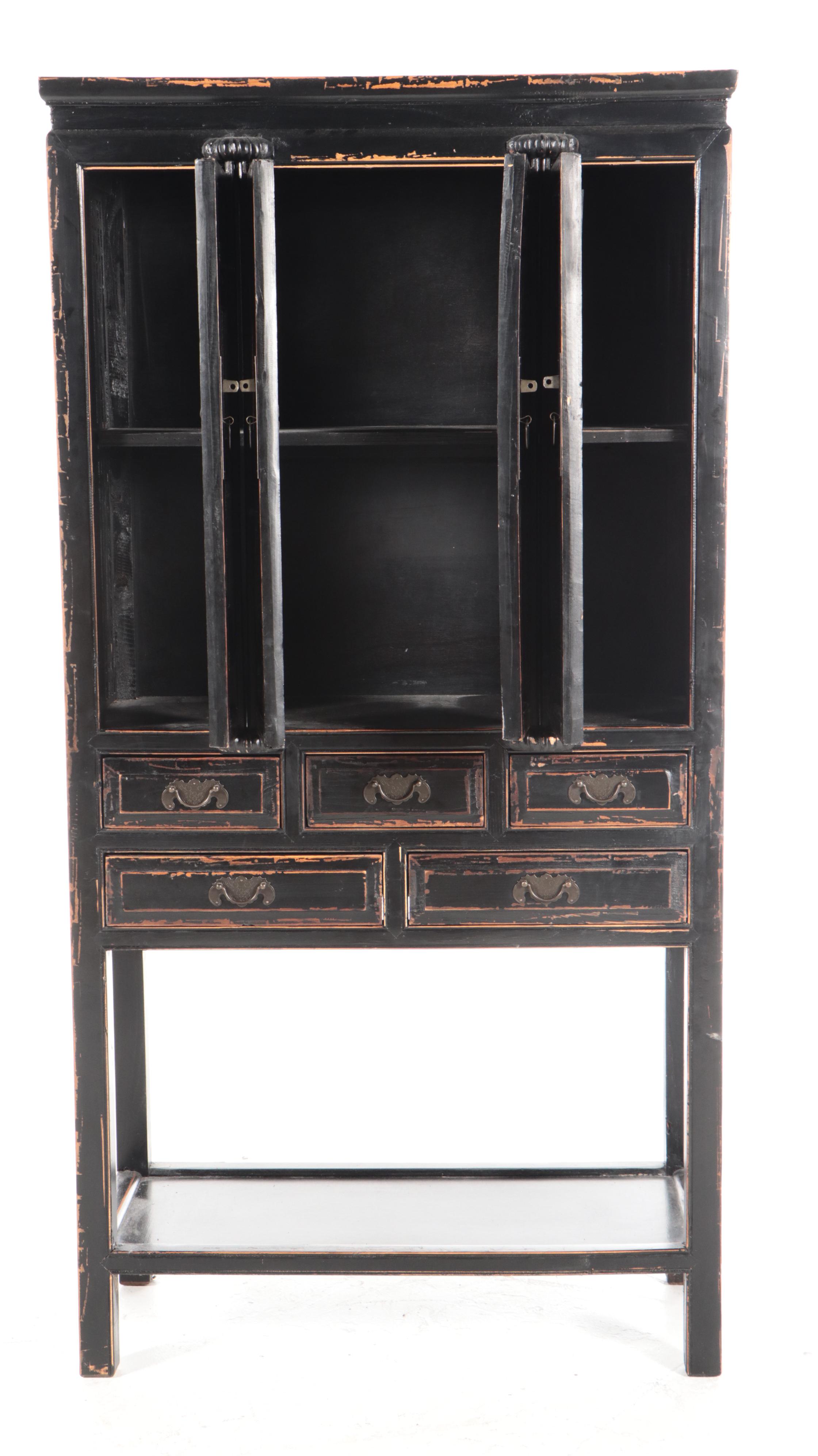 Arhaus Chinese Ebonized Wood Slat Front Cabinet