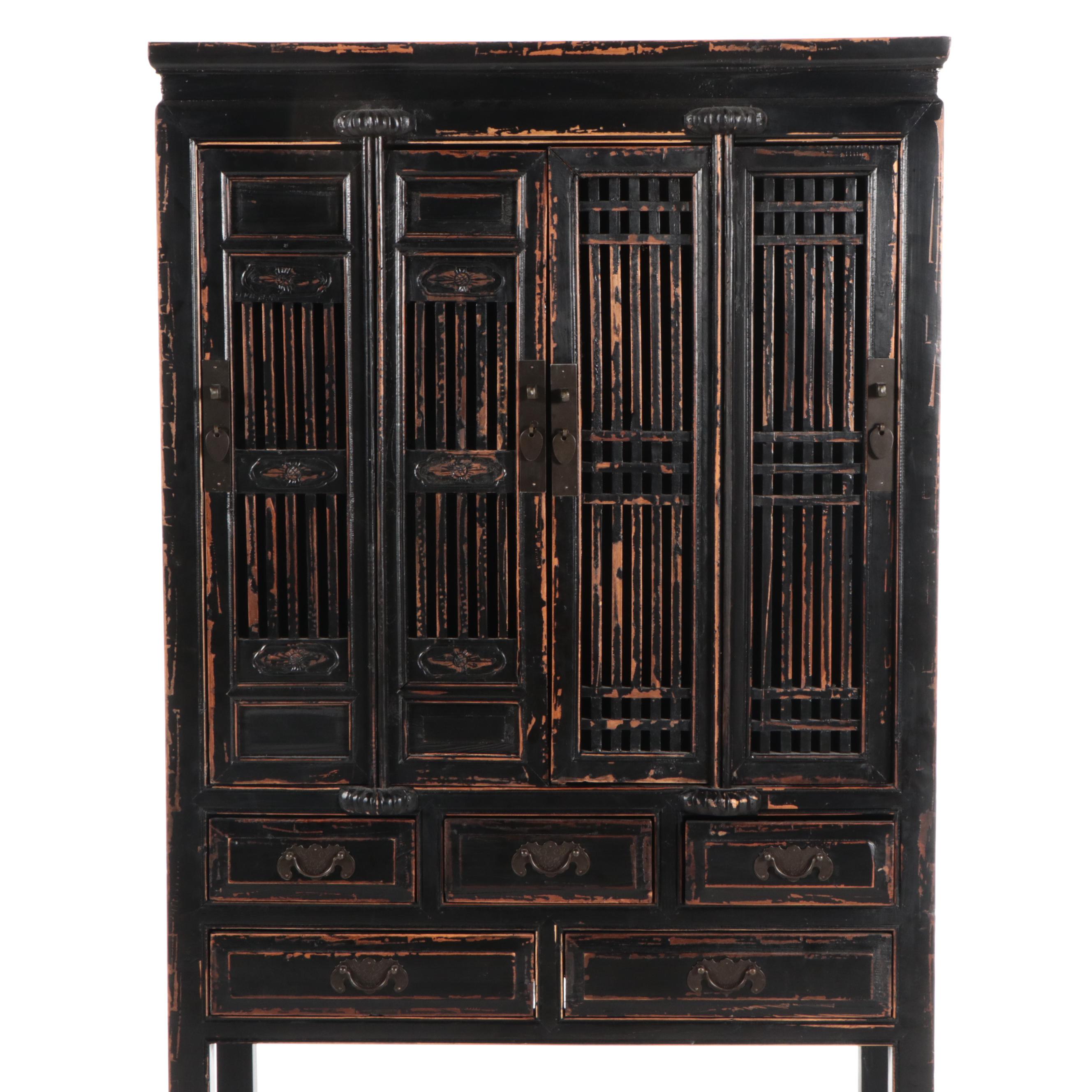 Arhaus Chinese Ebonized Wood Slat Front Cabinet