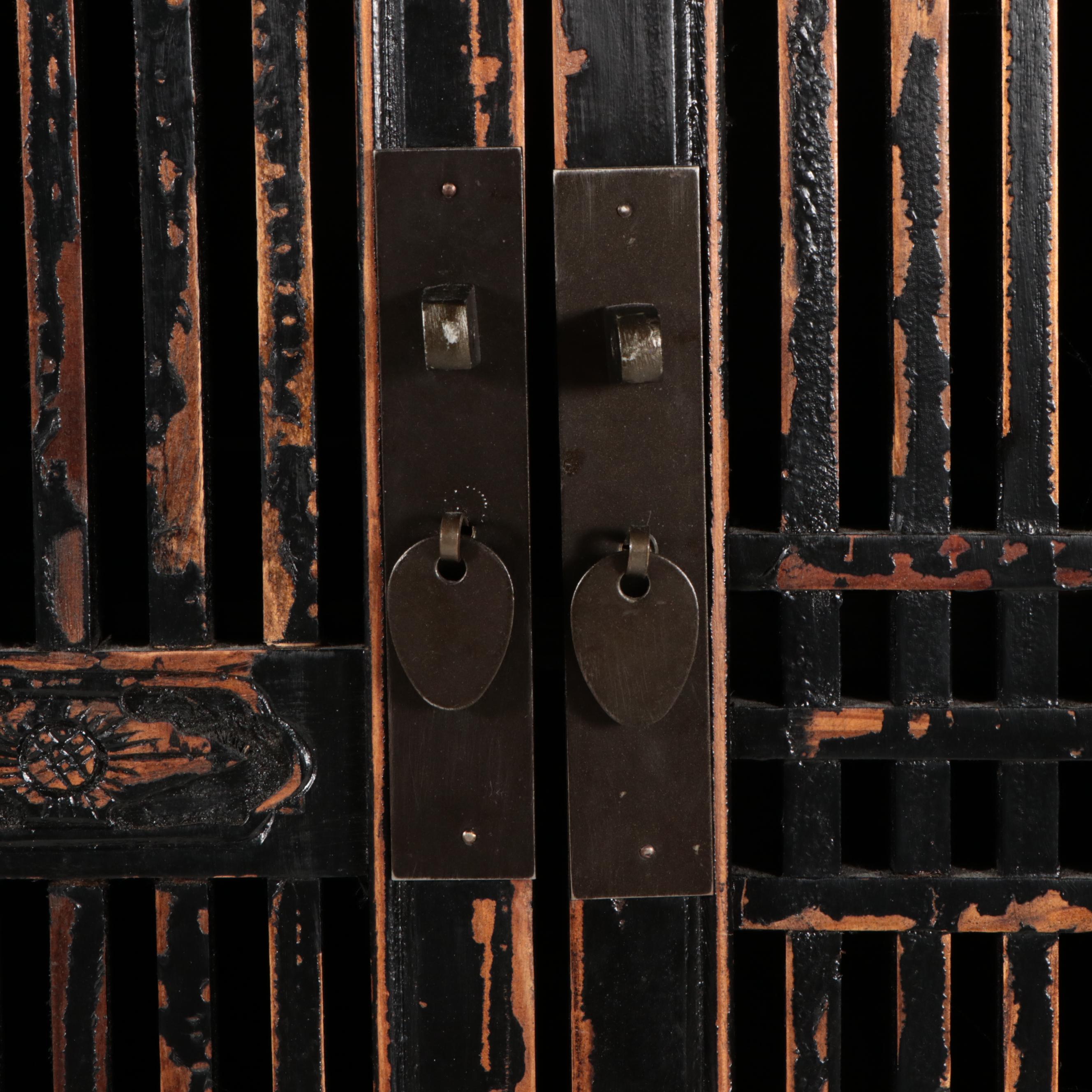 Arhaus Chinese Ebonized Wood Slat Front Cabinet