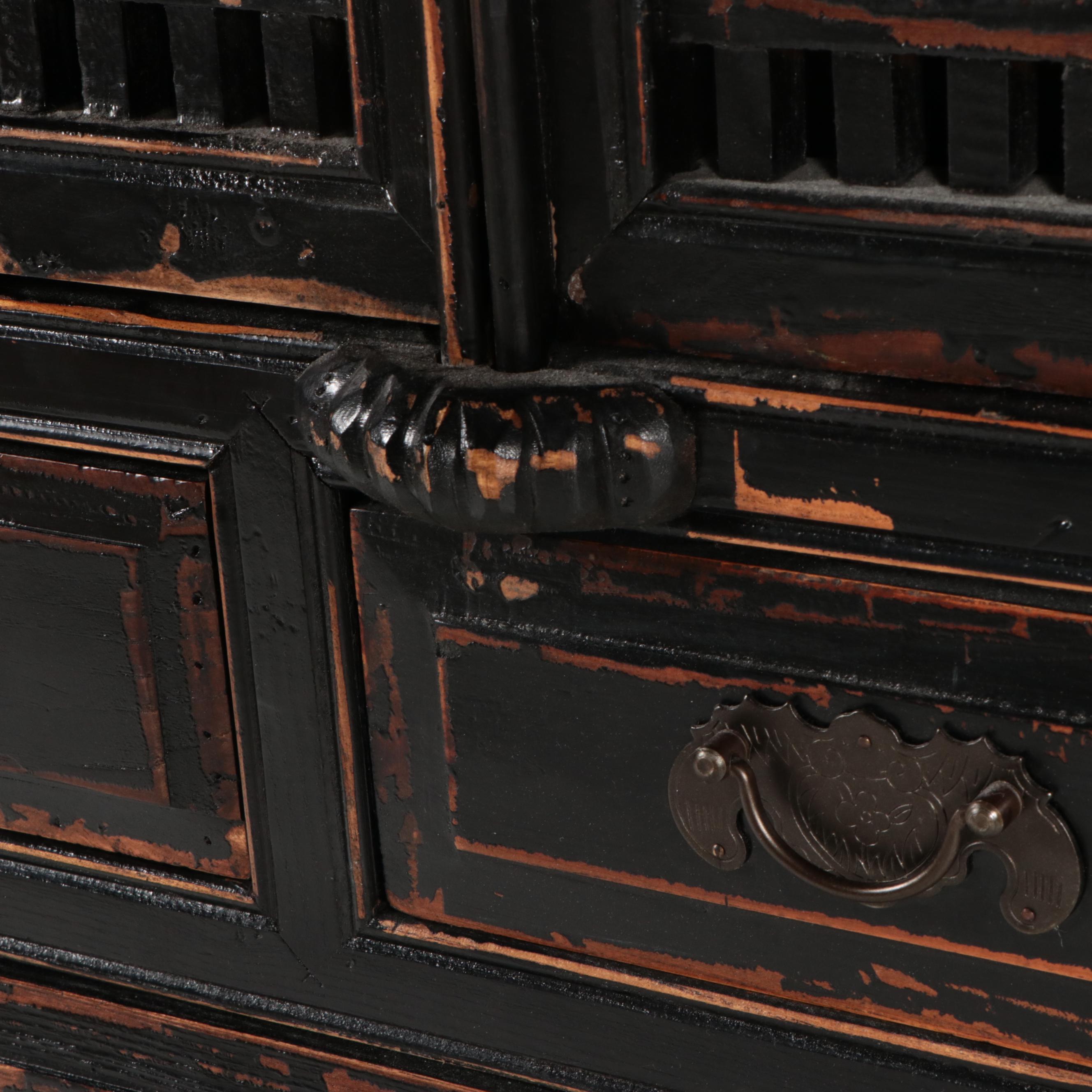 Arhaus Chinese Ebonized Wood Slat Front Cabinet