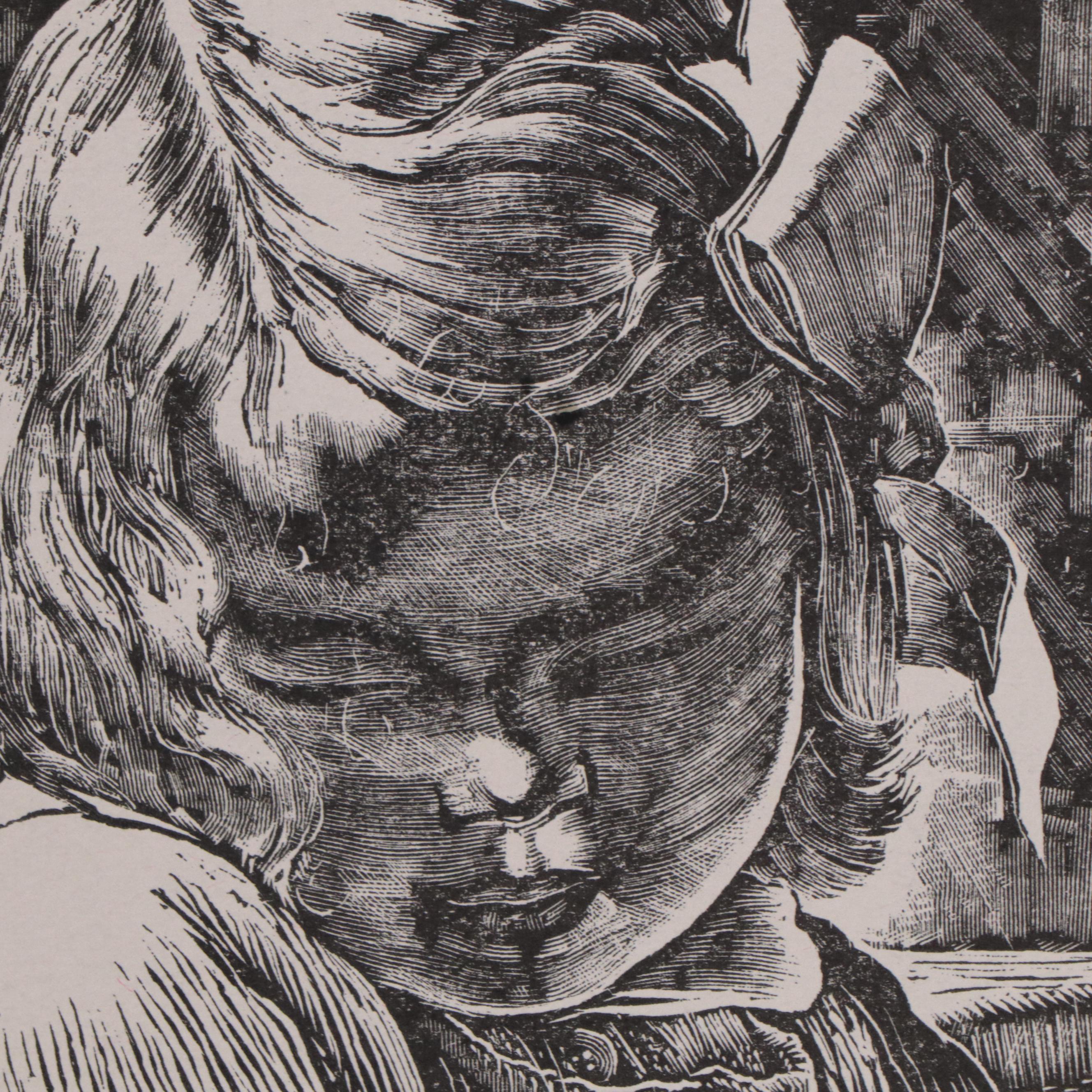 Dan Burne Jones Wood Engraving of Girl Holding Bunny