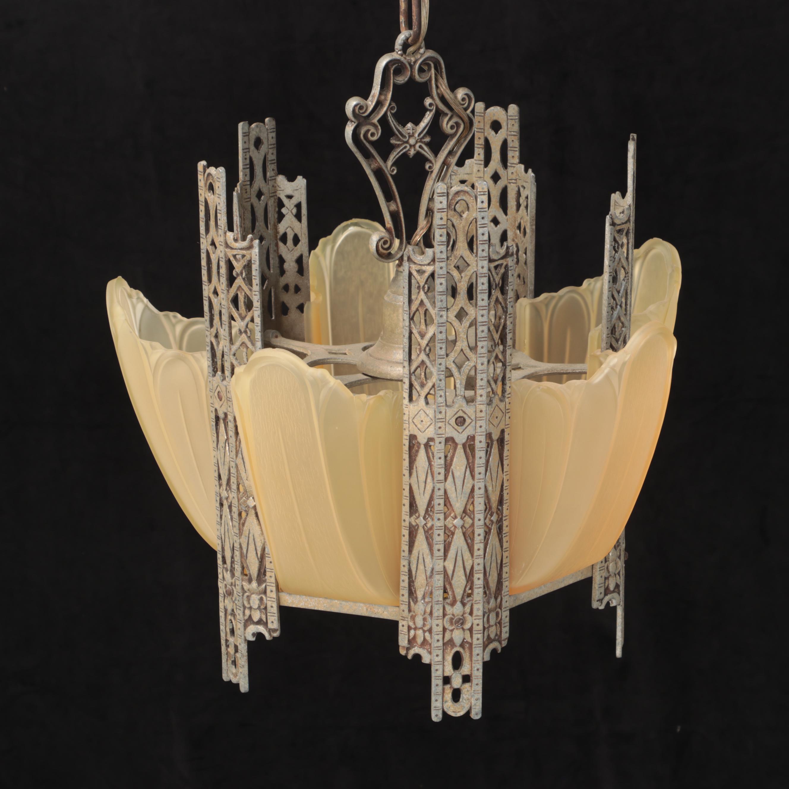 Art Deco Uranium Glass Slip Shade and Spelter Chandelier