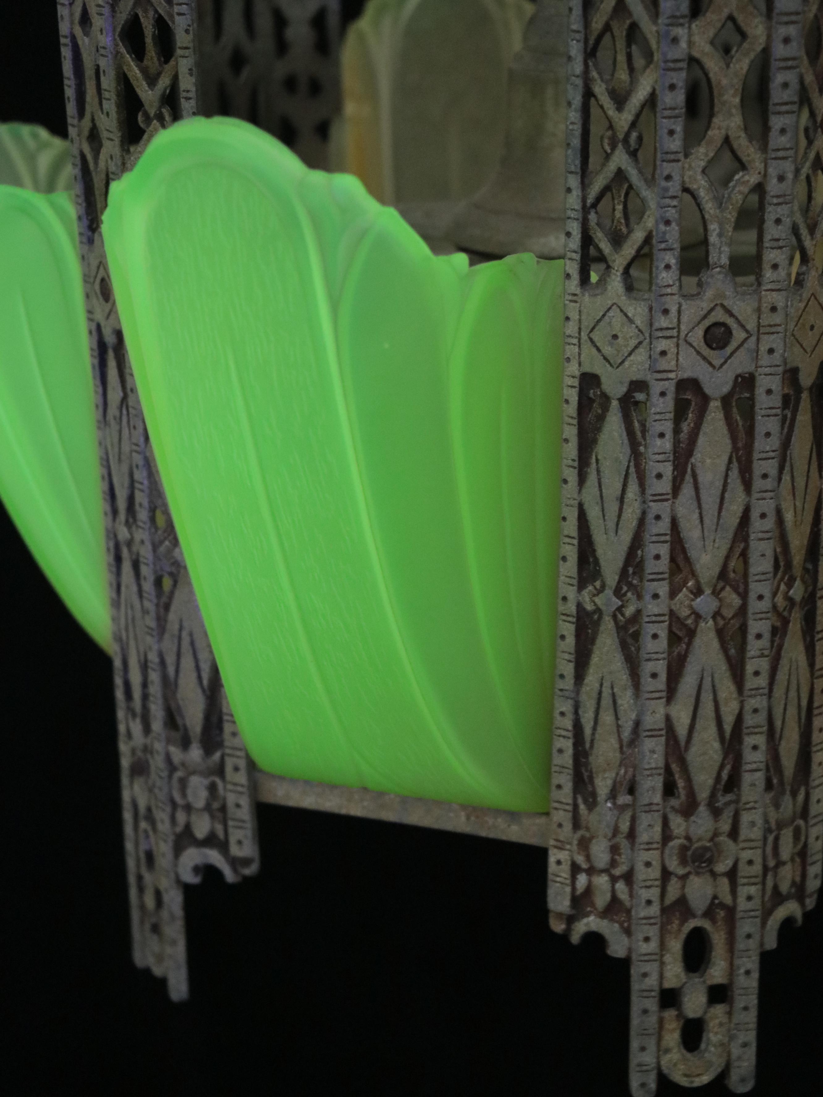 Art Deco Uranium Glass Slip Shade and Spelter Chandelier