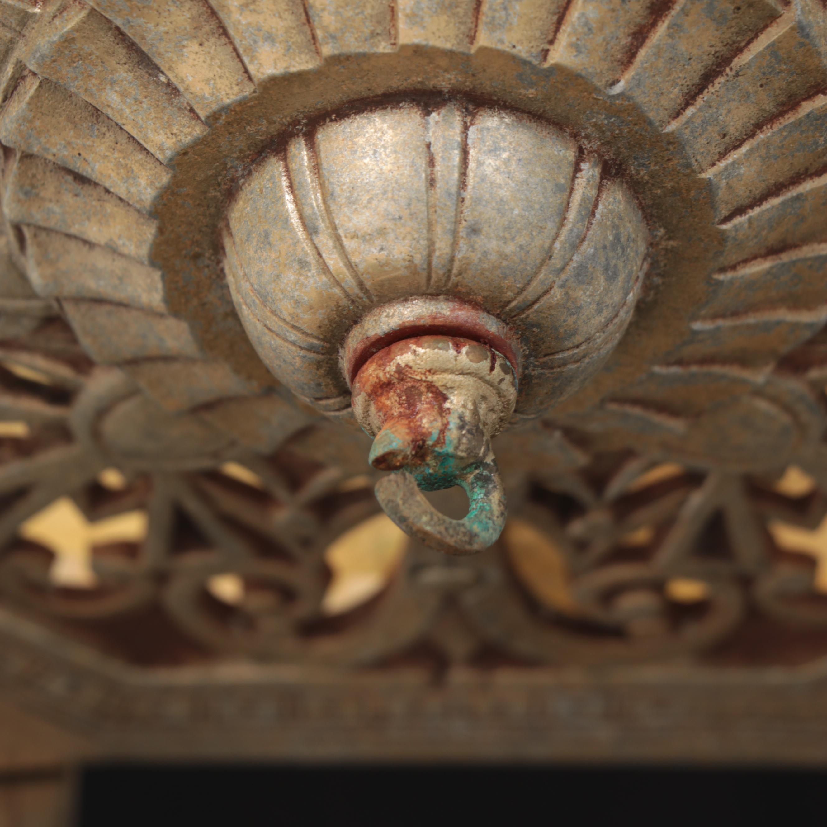 Art Deco Uranium Glass Slip Shade and Spelter Chandelier