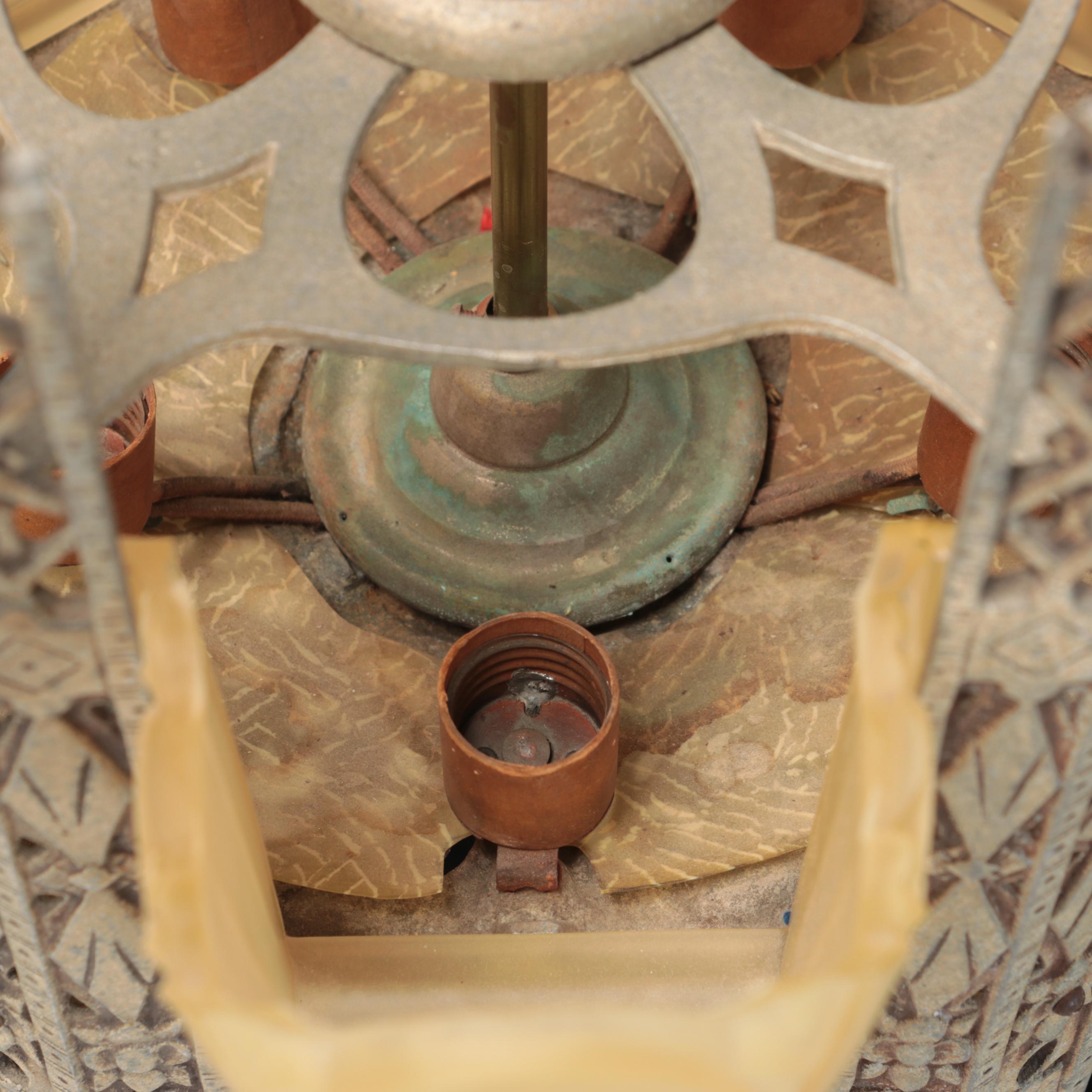 Art Deco Uranium Glass Slip Shade and Spelter Chandelier